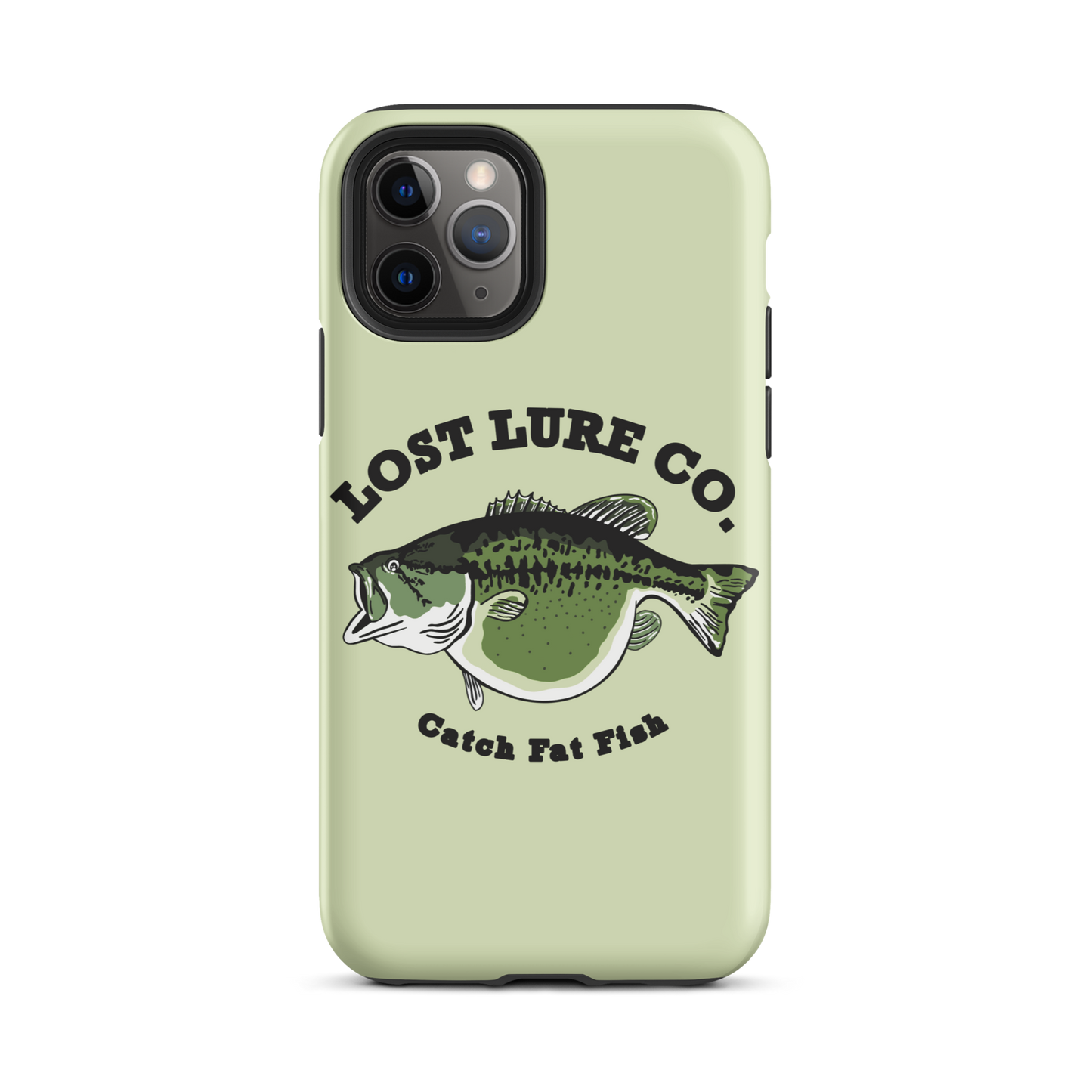 Lime green fishing iPhone 11 Pro case with image of a largemouth bass with a big belly. It says “catch fat fish”