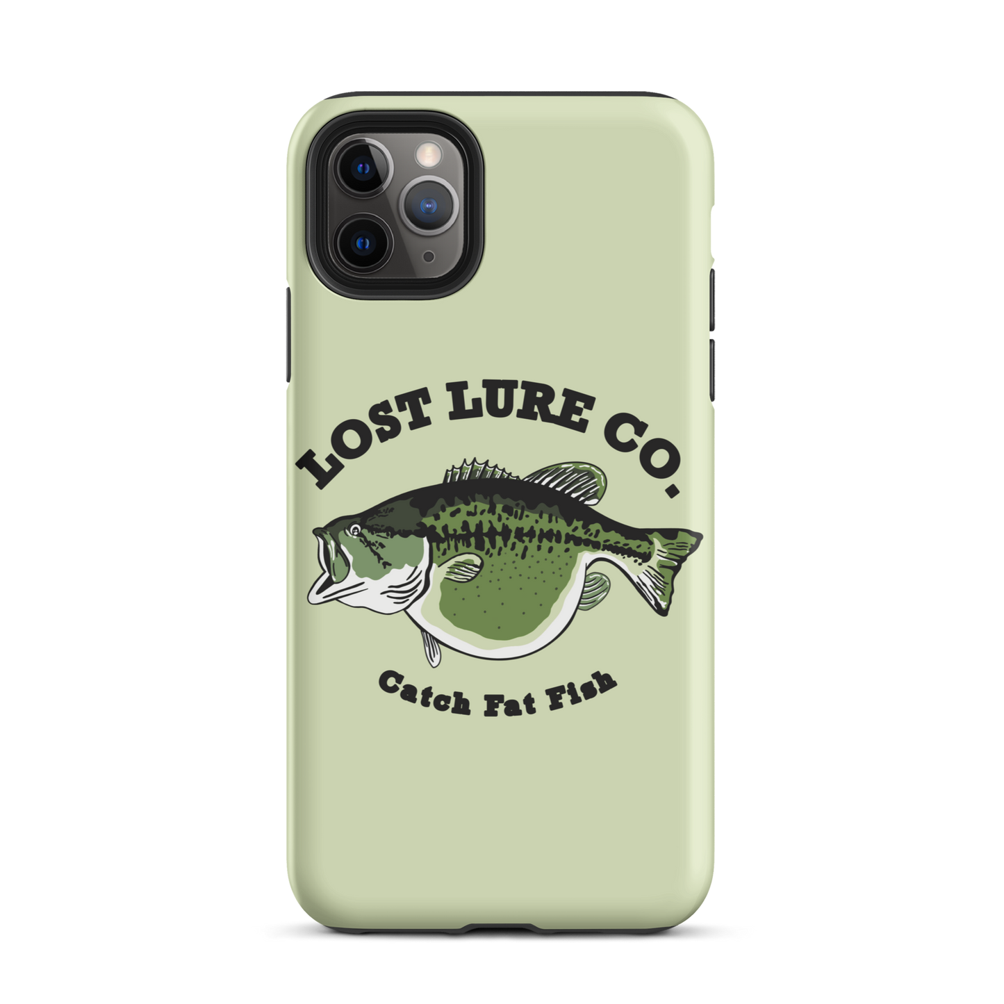 Lime green fishing iPhone 11 Pro case with image of a largemouth bass with a big belly. It says “catch fat fish”