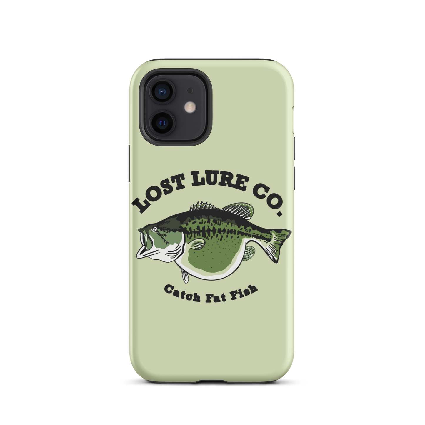 Lime green fishing iPhone 12 case with image of a largemouth bass with a big belly. It says “catch fat fish”