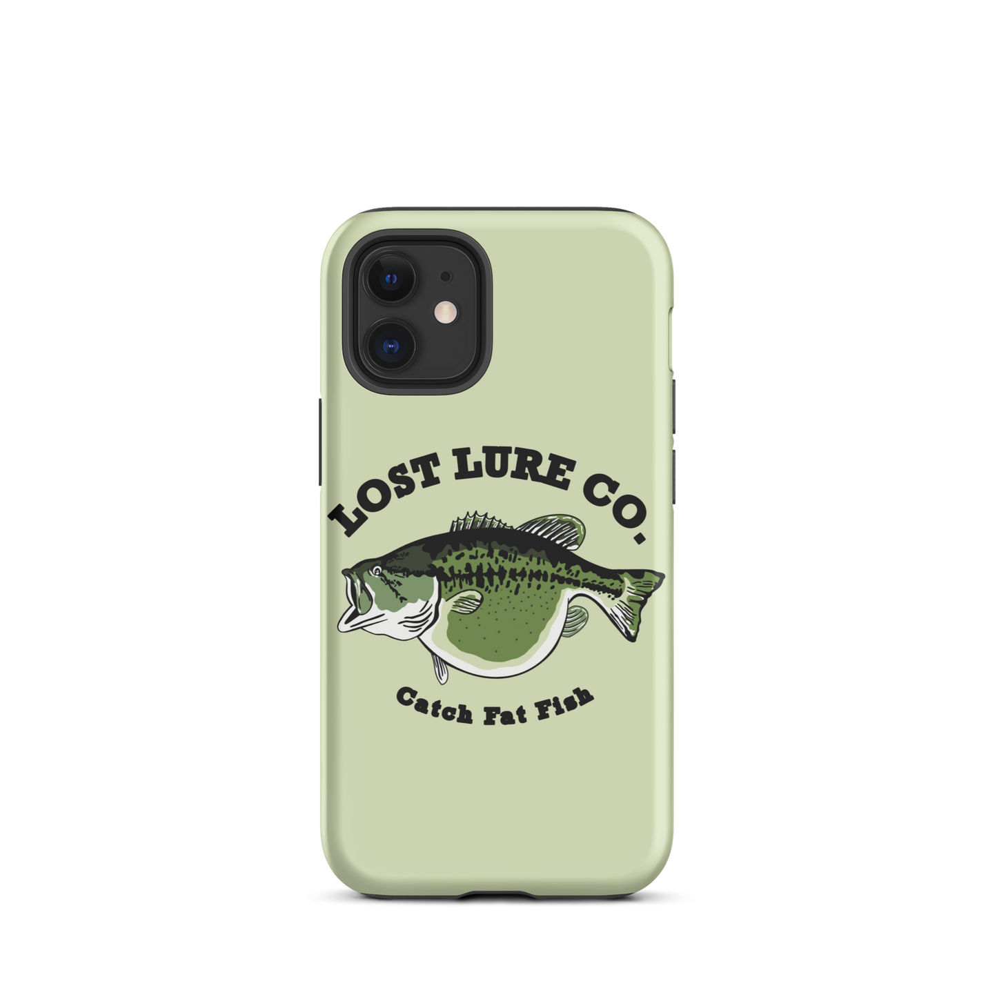 Lime green fishing iPhone 12 mini case with image of a largemouth bass with a big belly. It says “catch fat fish”