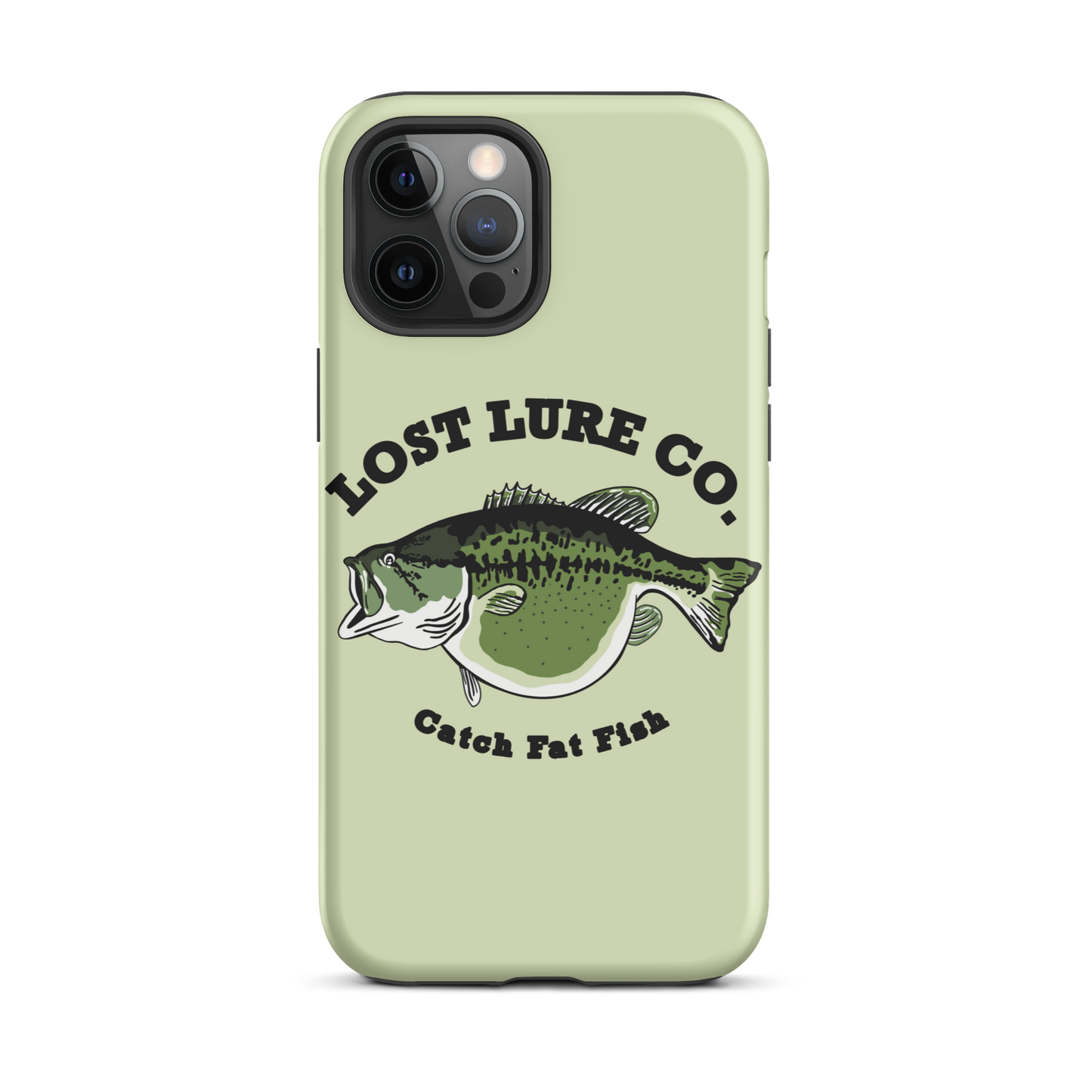 Lime green fishing iPhone 12 Pro Max case with image of a largemouth bass with a big belly. It says “catch fat fish”