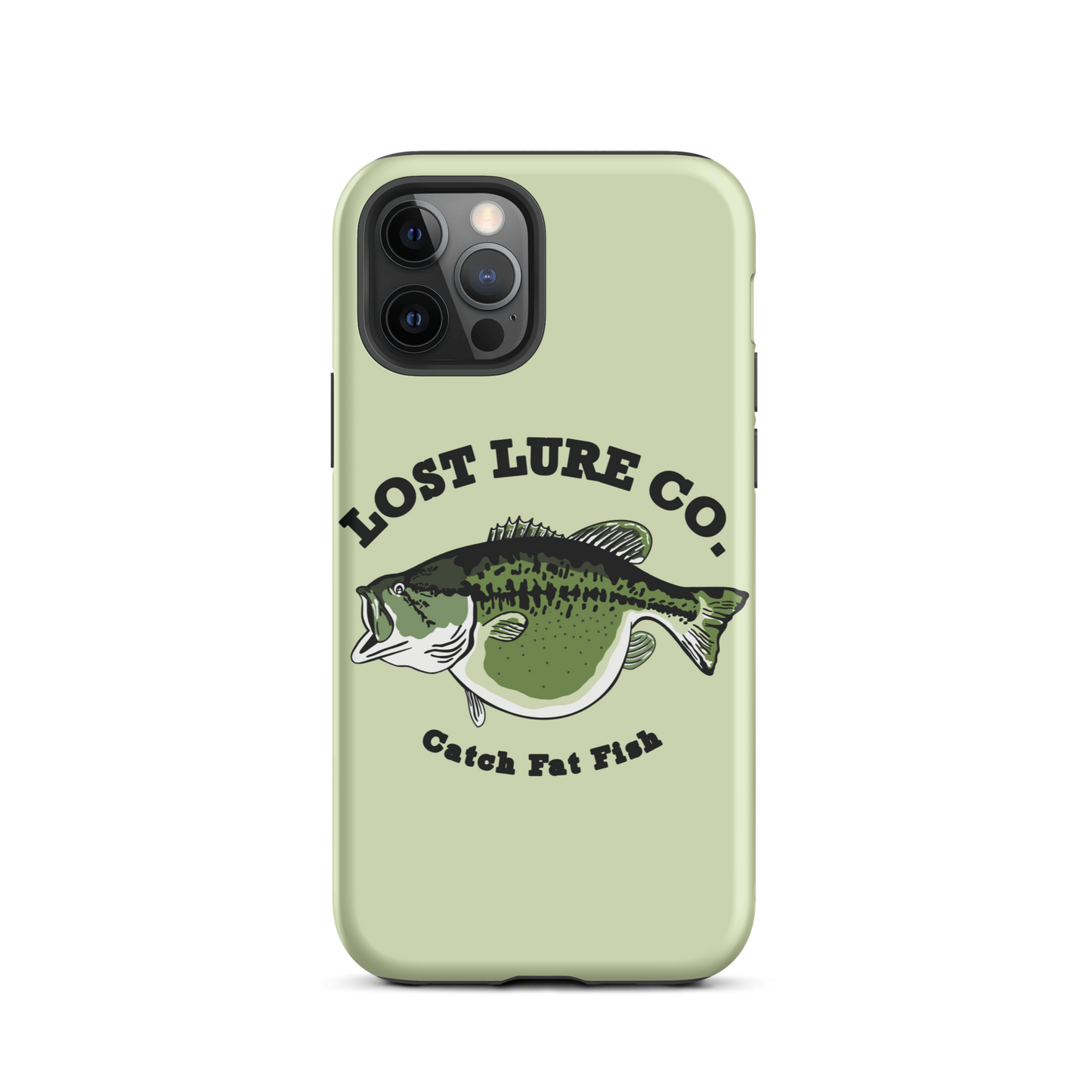 Lime green fishing iPhone 12 Pro case with image of a largemouth bass with a big belly. It says “catch fat fish”