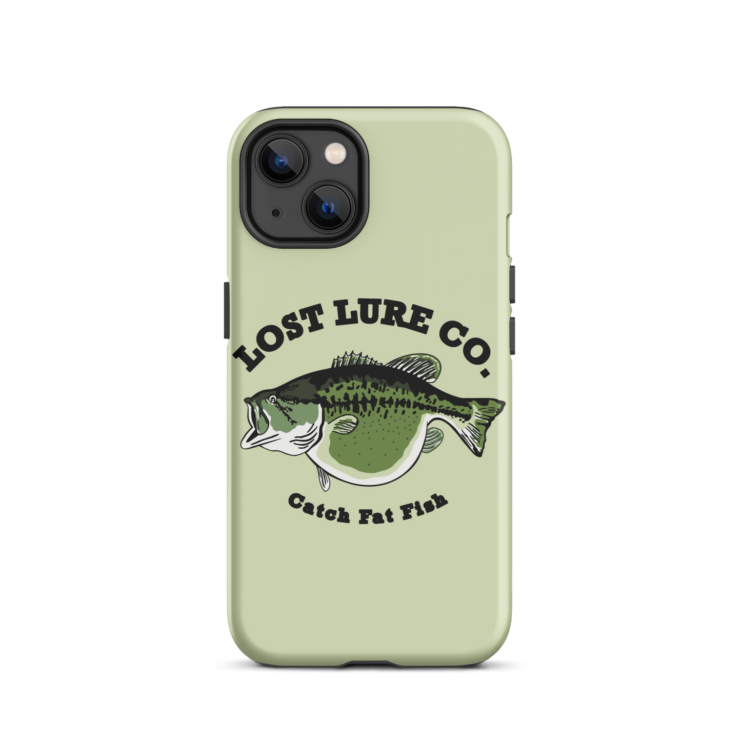 Lime green fishing iPhone 13 case with image of a largemouth bass with a big belly. It says “catch fat fish”