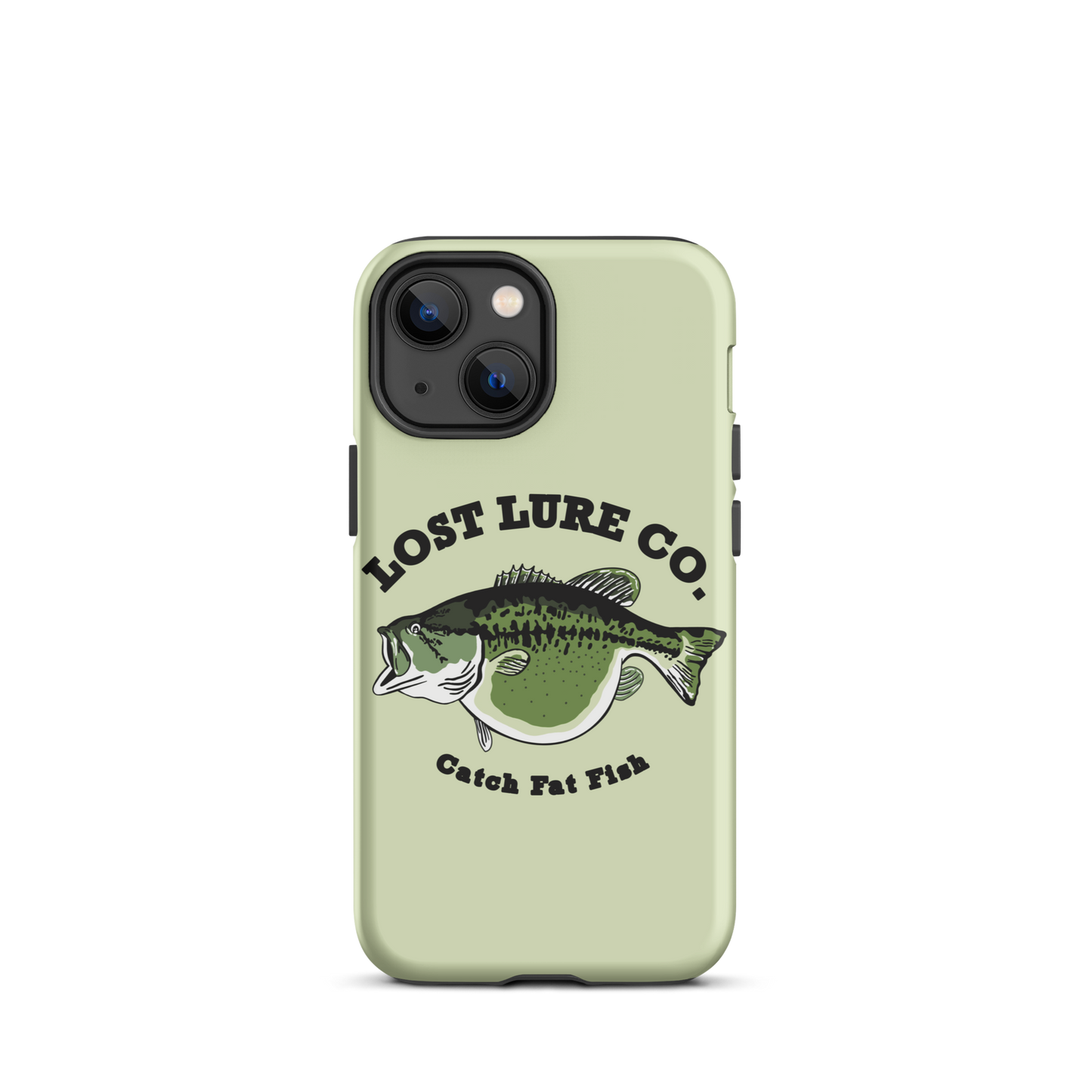 Lime green fishing iPhone 13 mini case with image of a largemouth bass with a big belly. It says “catch fat fish”