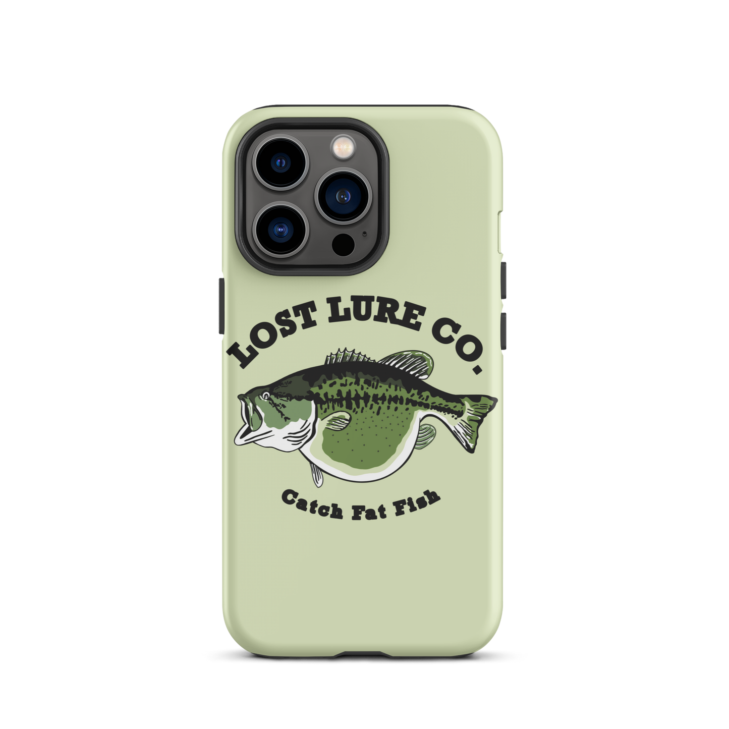 Lime green fishing iPhone 13 Pro case with image of a largemouth bass with a big belly. It says “catch fat fish”