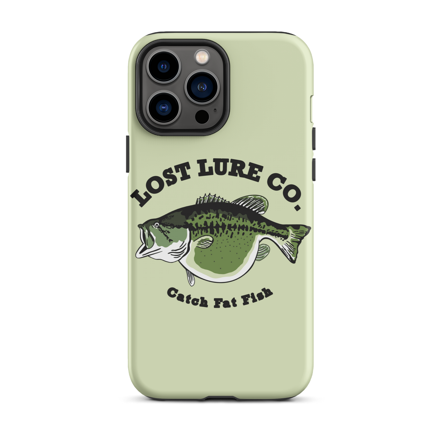 Lime green fishing iPhone 13 Pro Max case with image of a largemouth bass with a big belly. It says “catch fat fish”