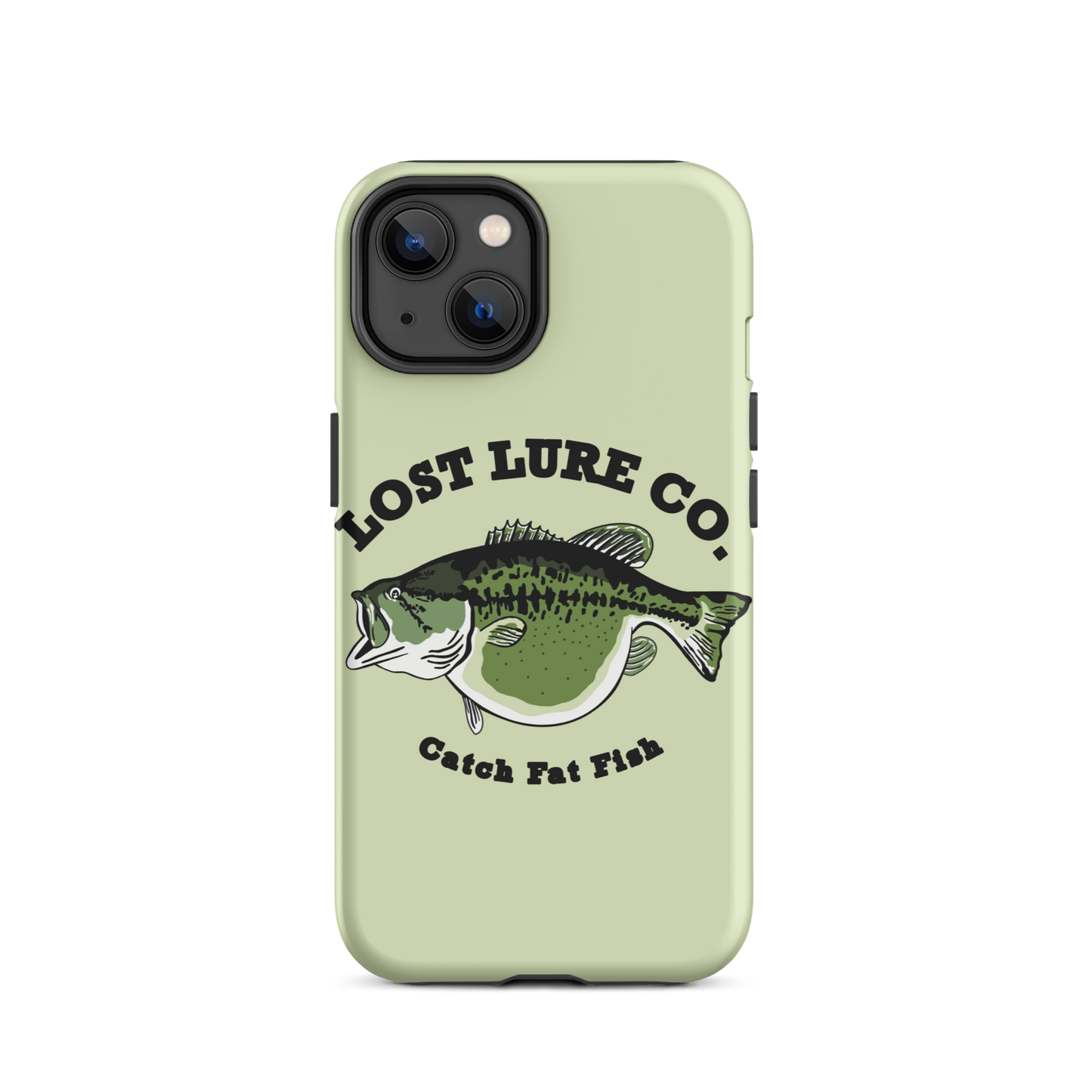 Lime green fishing iPhone 14 case with image of a largemouth bass with a big belly. It says “catch fat fish”