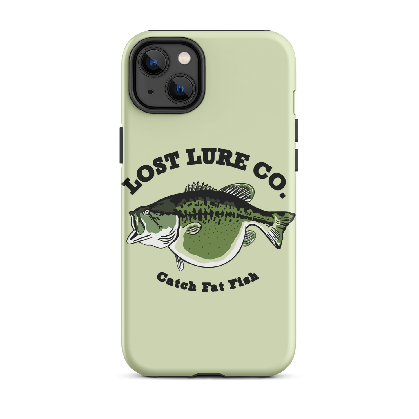 Lime green fishing iPhone 14 Plus case with image of a largemouth bass with a big belly. It says “catch fat fish”