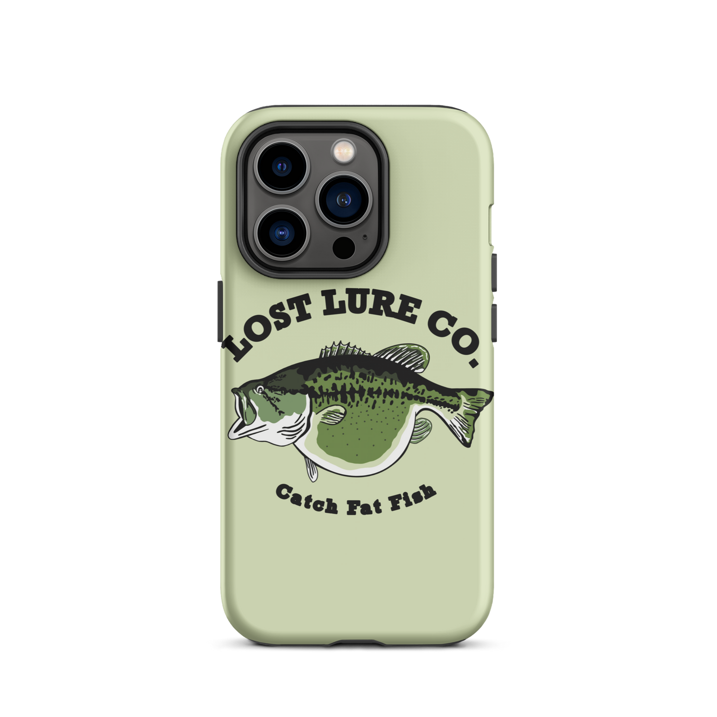 Lime green fishing iPhone 14 Pro case with image of a largemouth bass with a big belly. It says “catch fat fish”