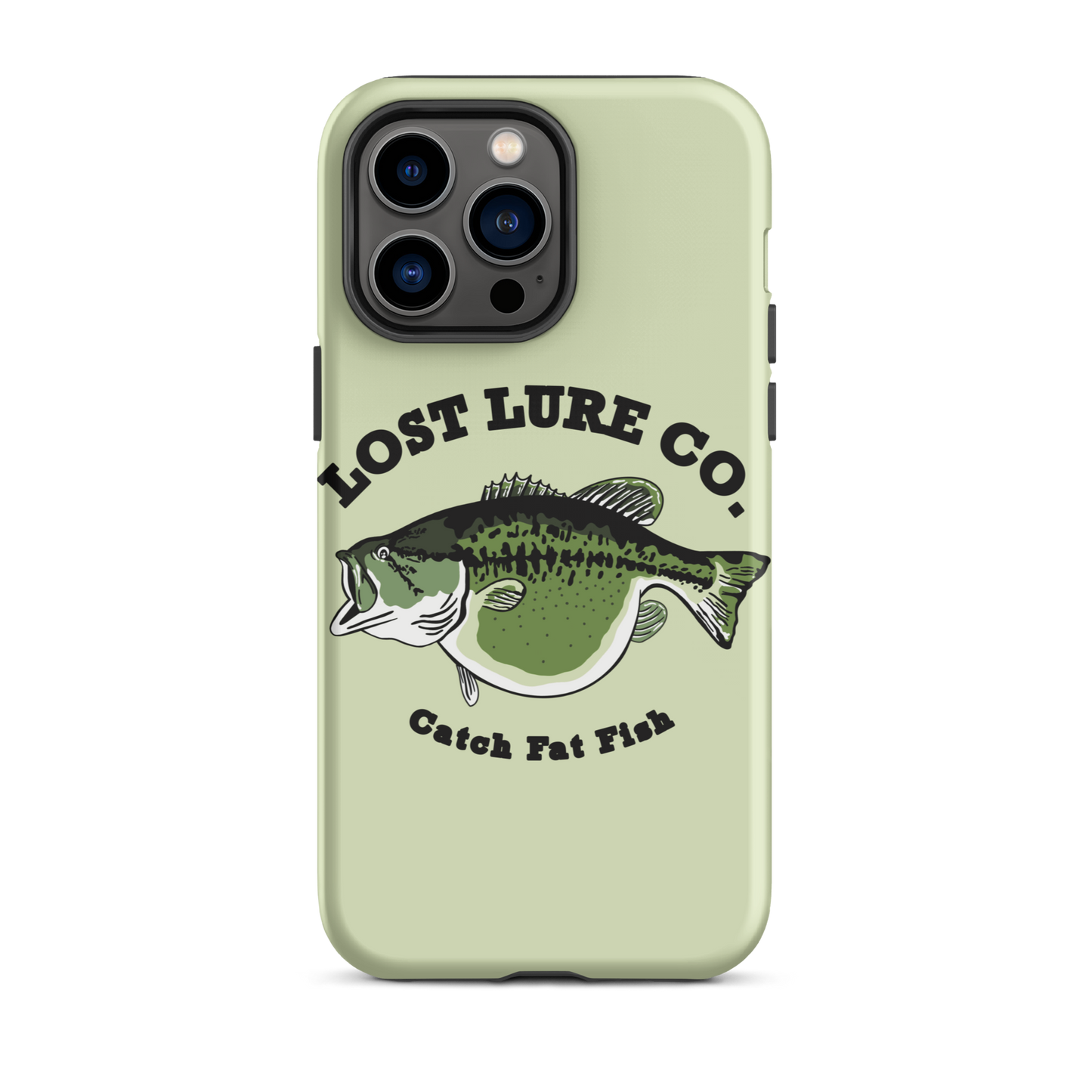 Lime green fishing iPhone14 pro max case with image of a largemouth bass with a big belly. It says “catch fat fish”