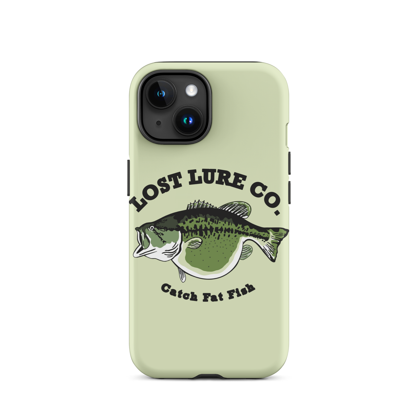Lime green fishing iPhone 15 case with image of a largemouth bass with a big belly. It says “catch fat fish”
