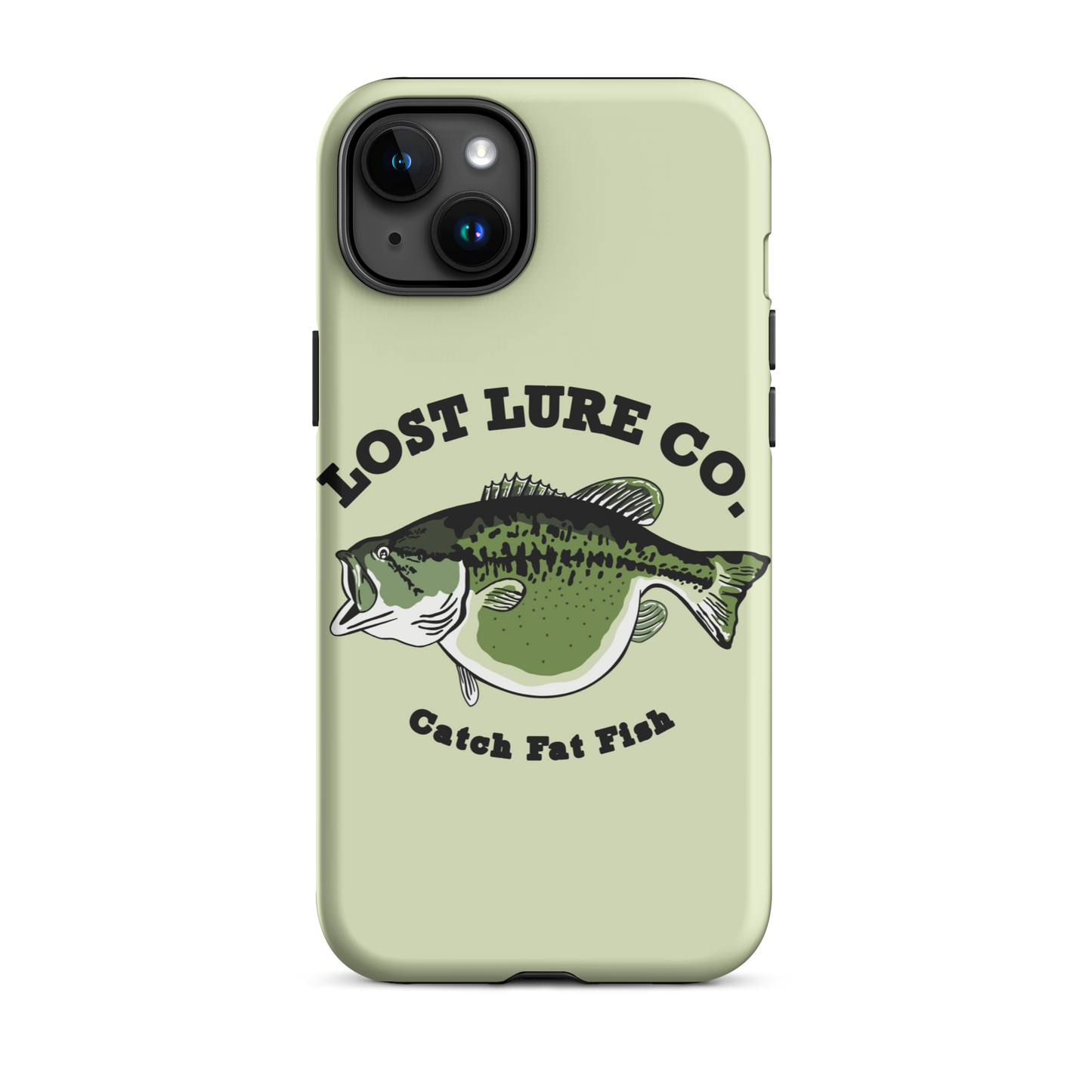 Lime green fishing iPhone 15 plus case with image of a largemouth bass with a big belly. It says “catch fat fish”