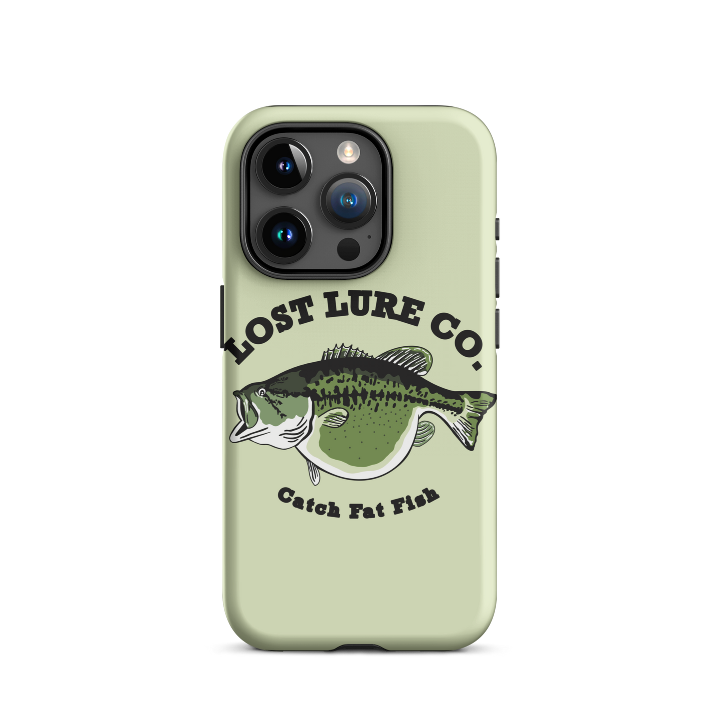 Lime green fishing iPhone 15 pro case with image of a largemouth bass with a big belly. It says “catch fat fish”