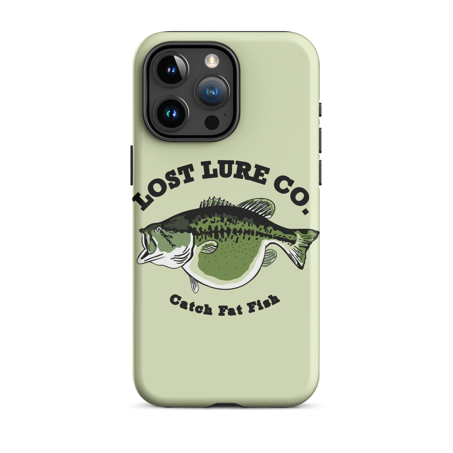 Lime green fishing iPhone 15 pro max case with image of a largemouth bass with a big belly. It says “catch fat fish”