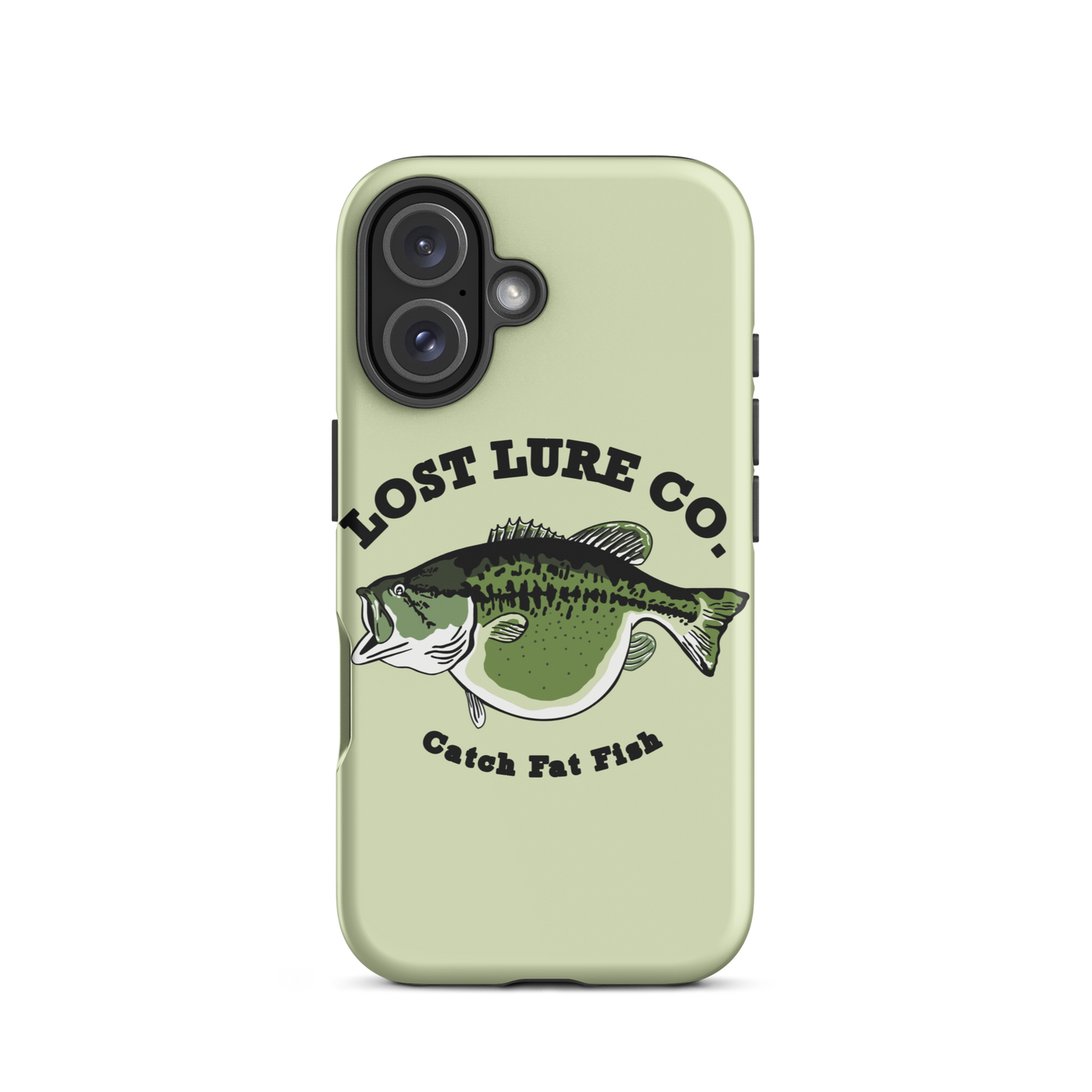 Lime green fishing iPhone 16 case with image of a largemouth bass with a big belly. It says “catch fat fish”