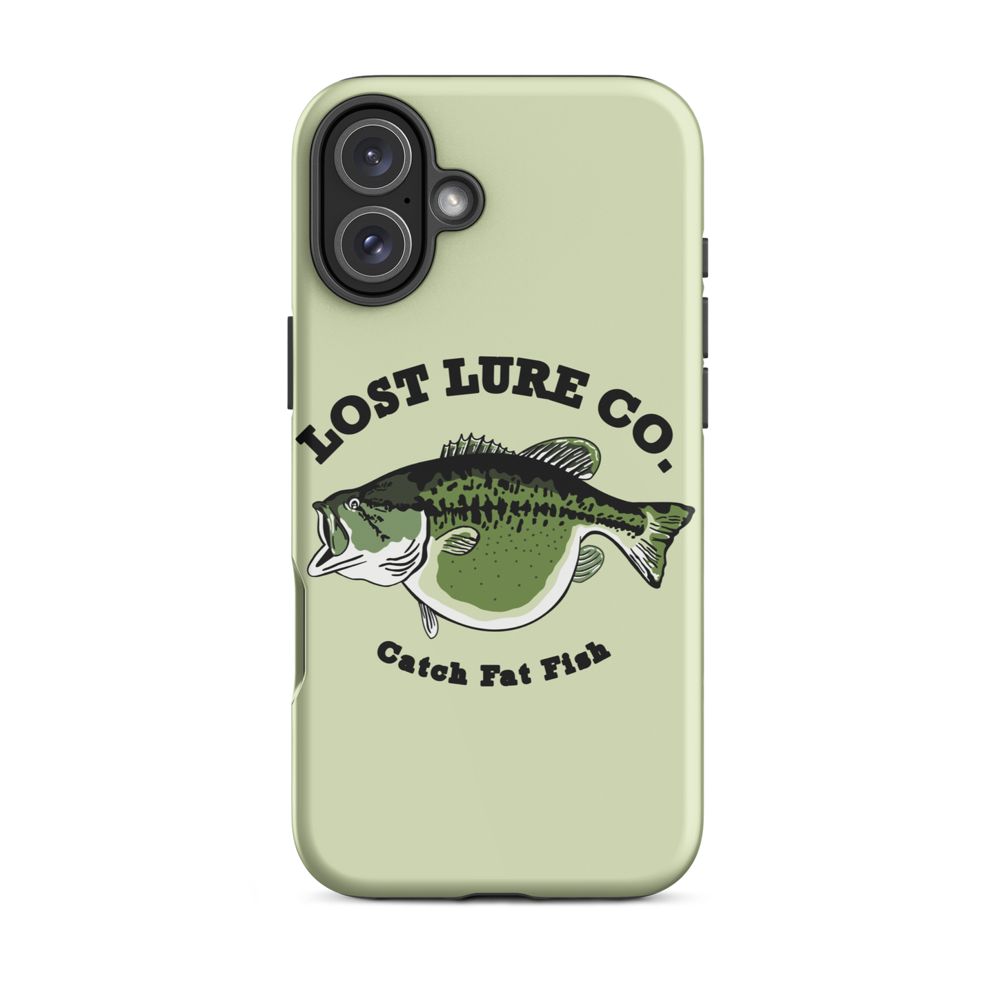 Lime green fishing iPhone 16 plus case with image of a largemouth bass with a big belly. It says “catch fat fish”