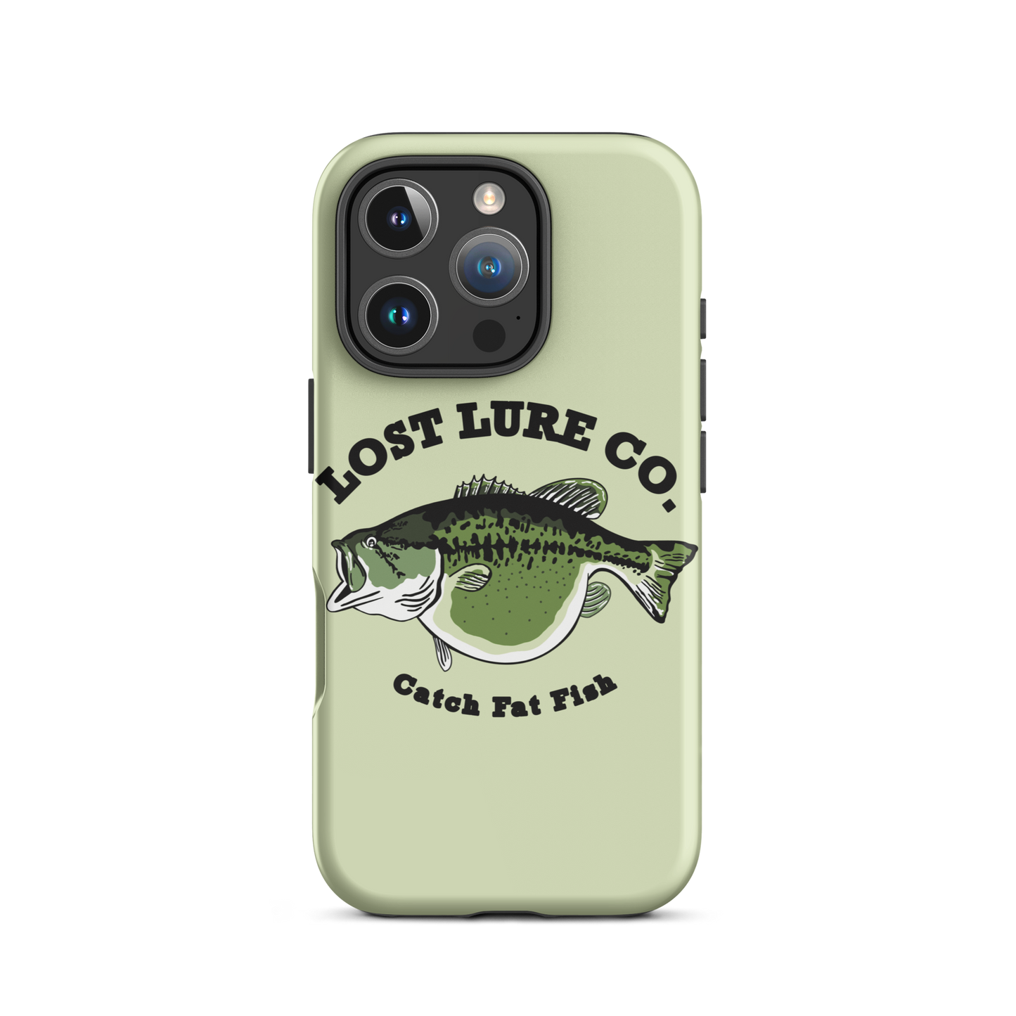 Lime green fishing iPhone 16 pro case with image of a largemouth bass with a big belly. It says “catch fat fish”