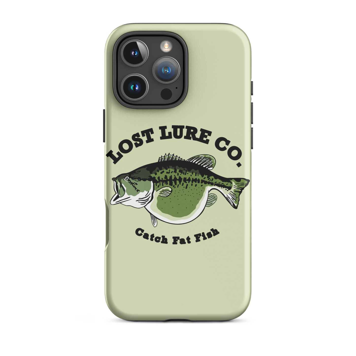Lime green fishing iPhone 16 pro case with image of a largemouth bass with a big belly. It says “catch fat fish”