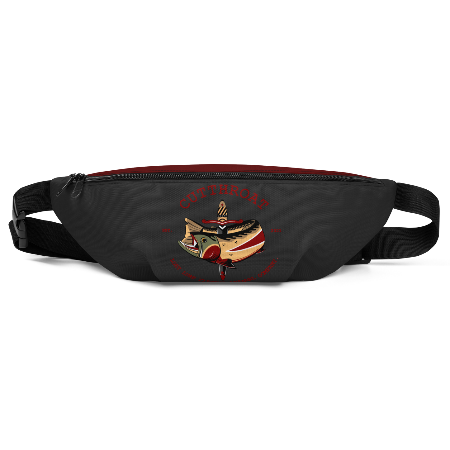Front of a lost lure fly fishing bag/ Fanny pack. It has an American traditional style design with a cutthroat trout. It’s red and grey in color and has a pattern on the pack of flies and trout.