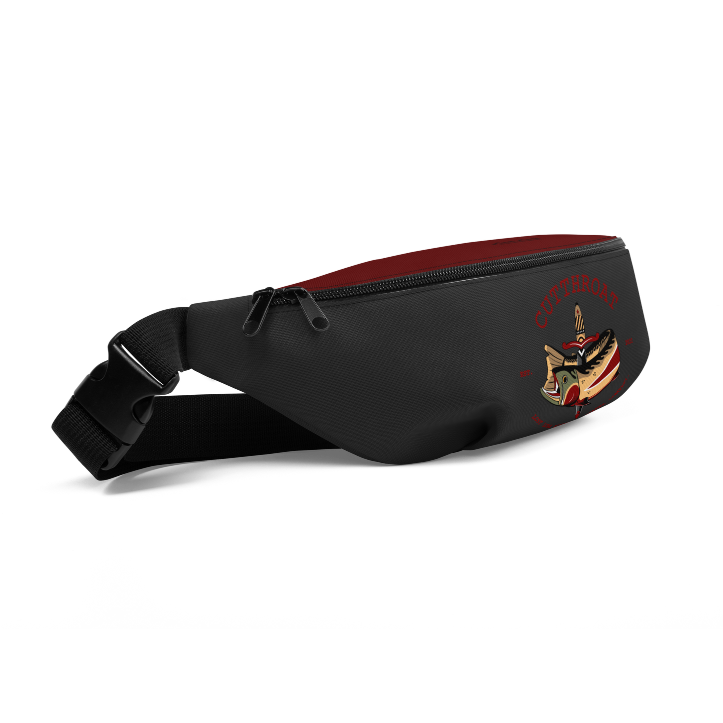 Side view of a lost lure fly fishing bag/ Fanny pack. It has an American traditional style design with a cutthroat trout. It’s red and grey in color and has a pattern on the back of flies and trout.