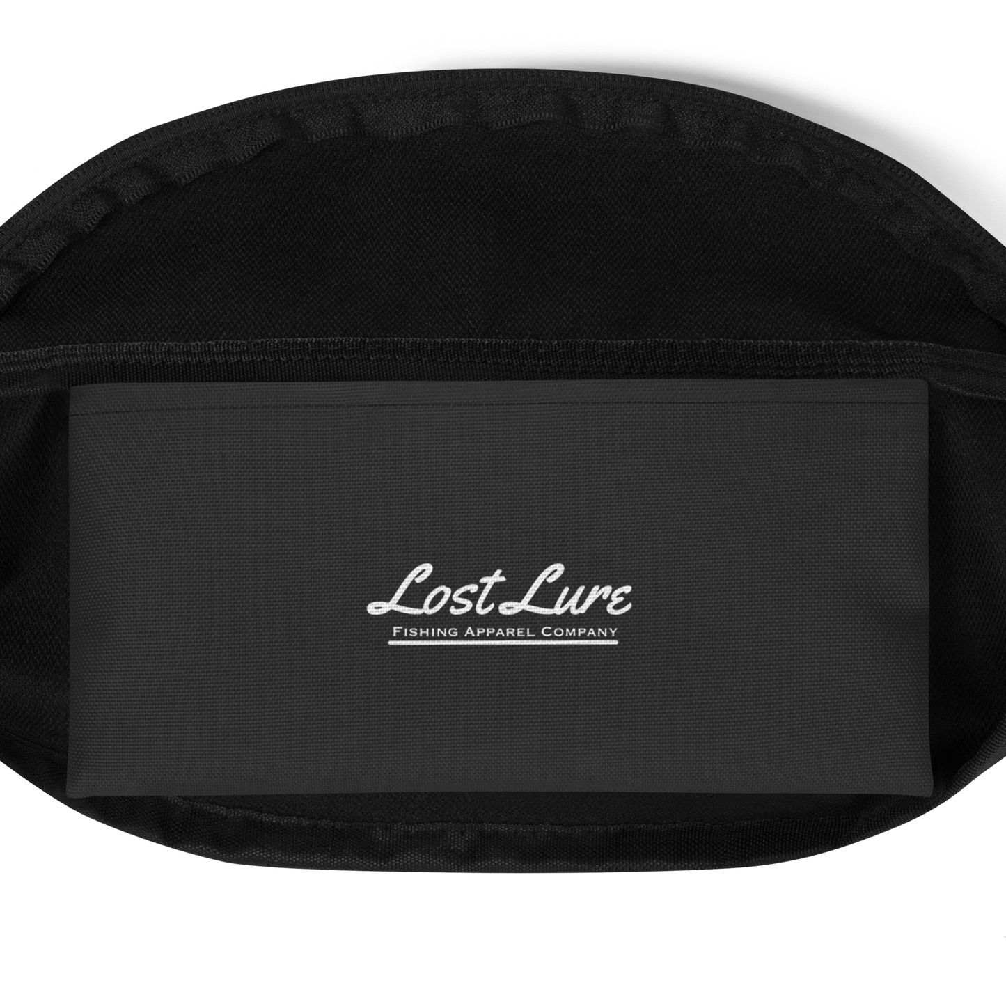 Top view of a lost lure fly fishing bag/ Fanny pack. It has an American traditional style design with a cutthroat trout. It’s red and grey in color and has a pattern on the back of flies and trout. Inside pocket