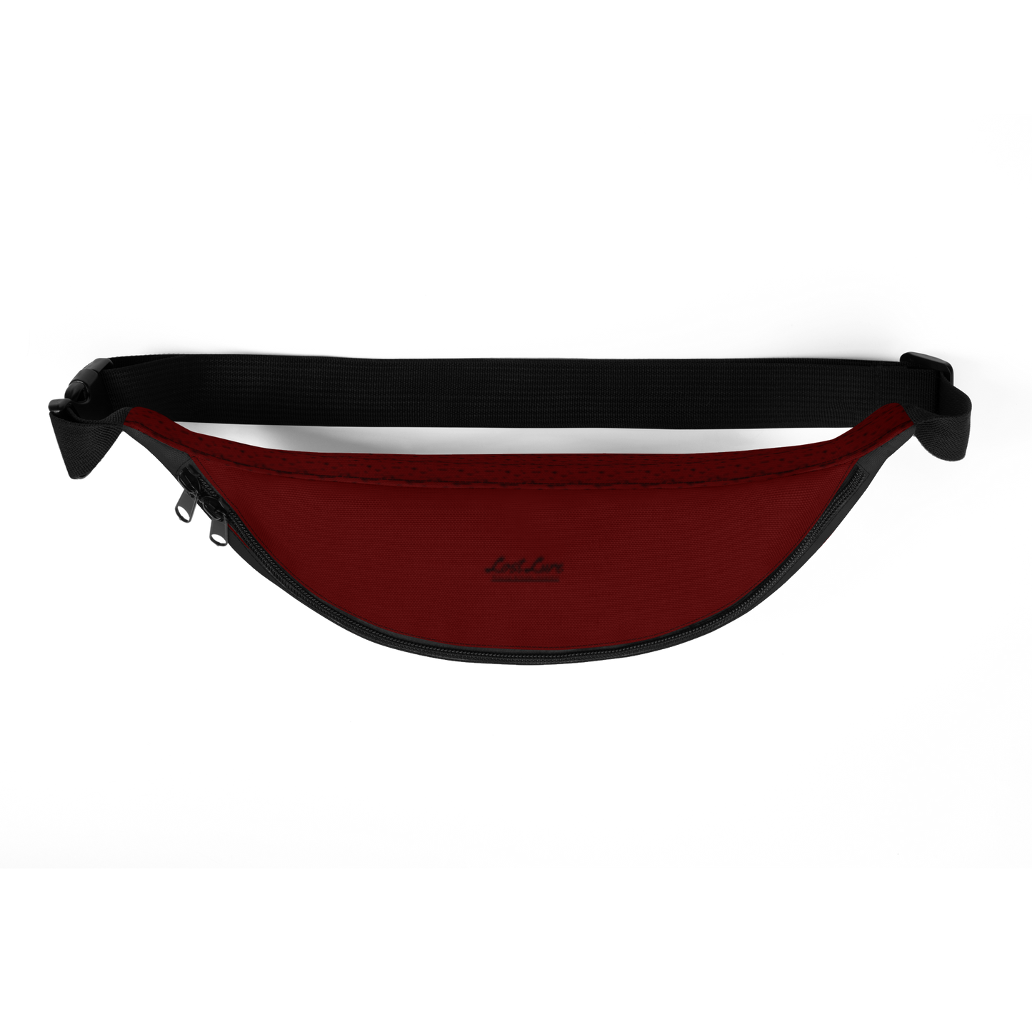 top view of a lost lure fly fishing bag/ Fanny pack. It has an American traditional style design with a cutthroat trout. It’s red and grey in color and has a pattern on the back of flies and trout. Top side
