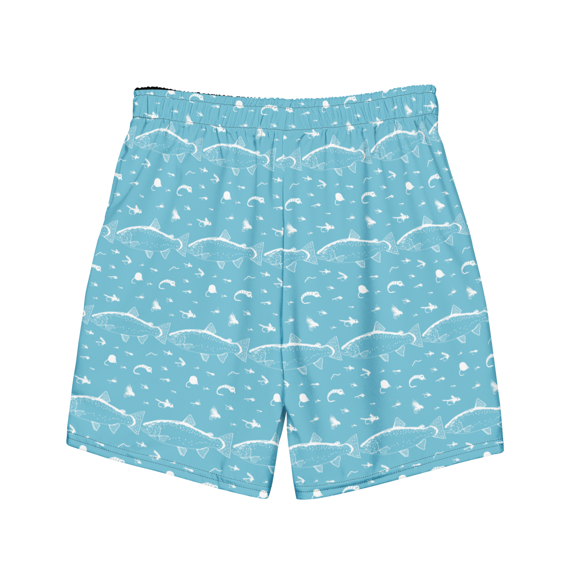 Blue fly fishing shorts / swim trunks. They have a pattern with trout and flies. Back side of fishing shorts