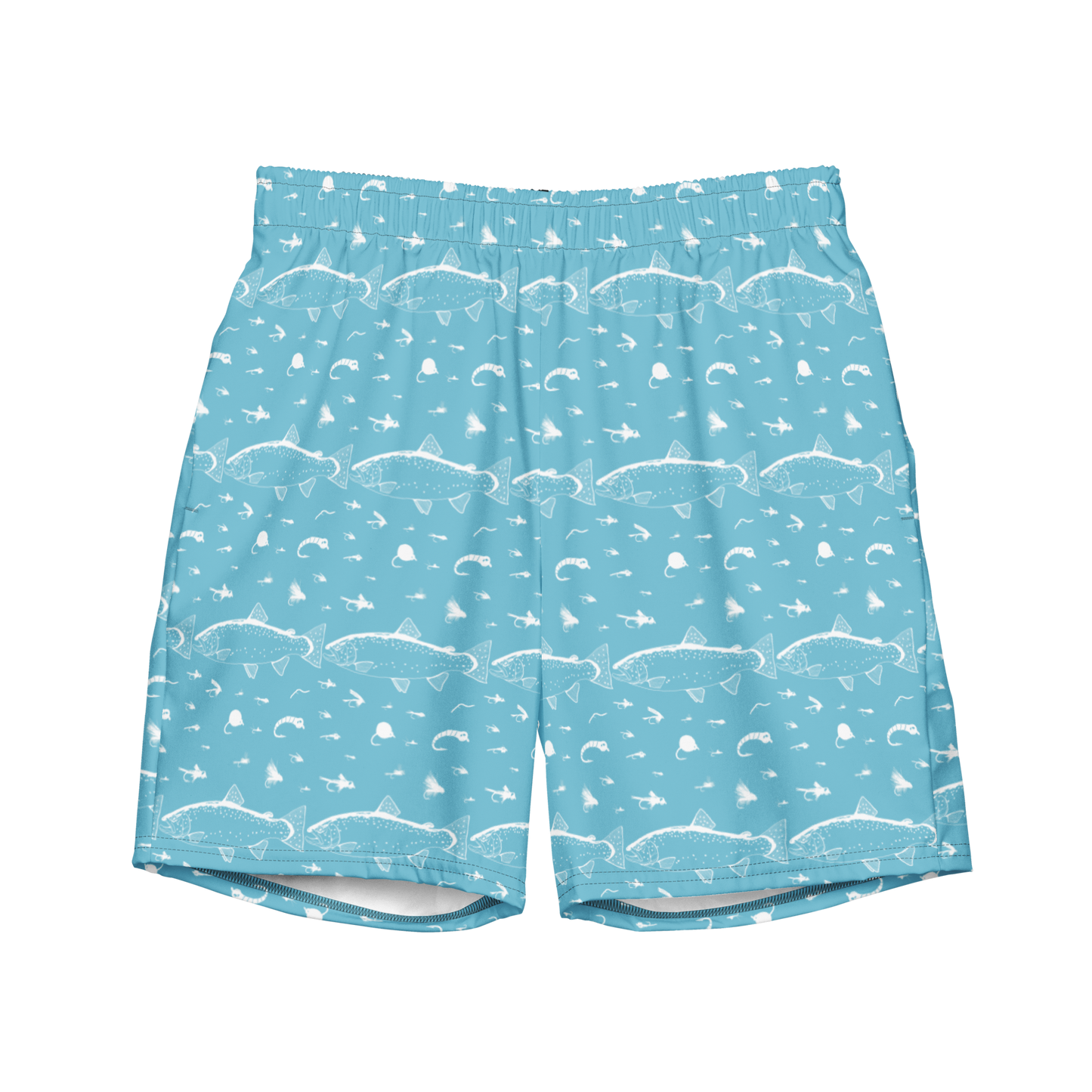 Blue fly fishing shorts / swim trunks. They have a pattern with trout and flies. Front side