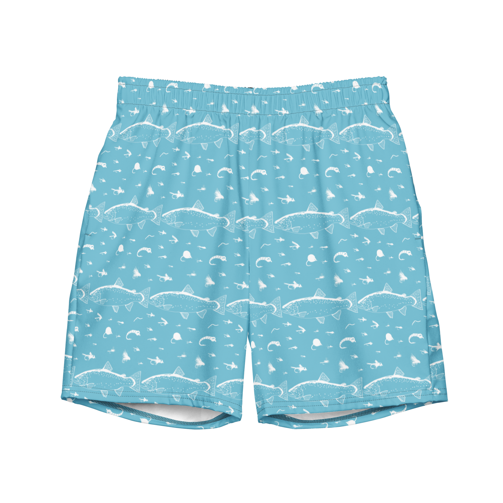 Blue fly fishing shorts / swim trunks. They have a pattern with trout and flies. Front side