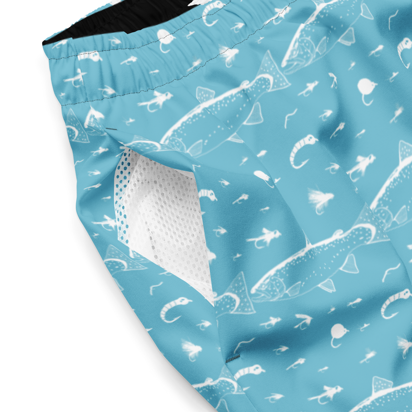 Blue fly fishing shorts / swim trunks. They have a pattern with trout and flies. Pocket view