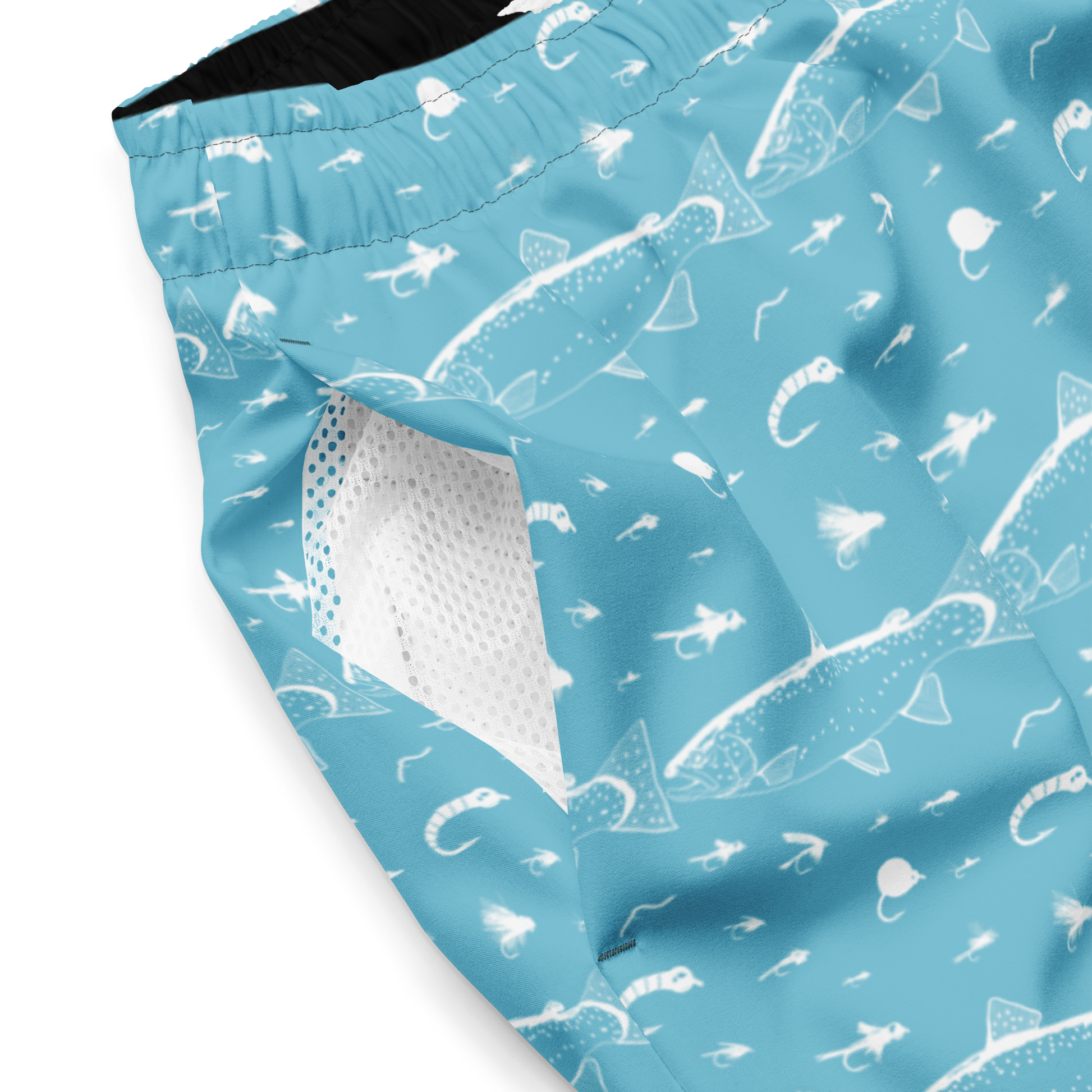 Blue fly fishing shorts / swim trunks. They have a pattern with trout and flies. Pocket view