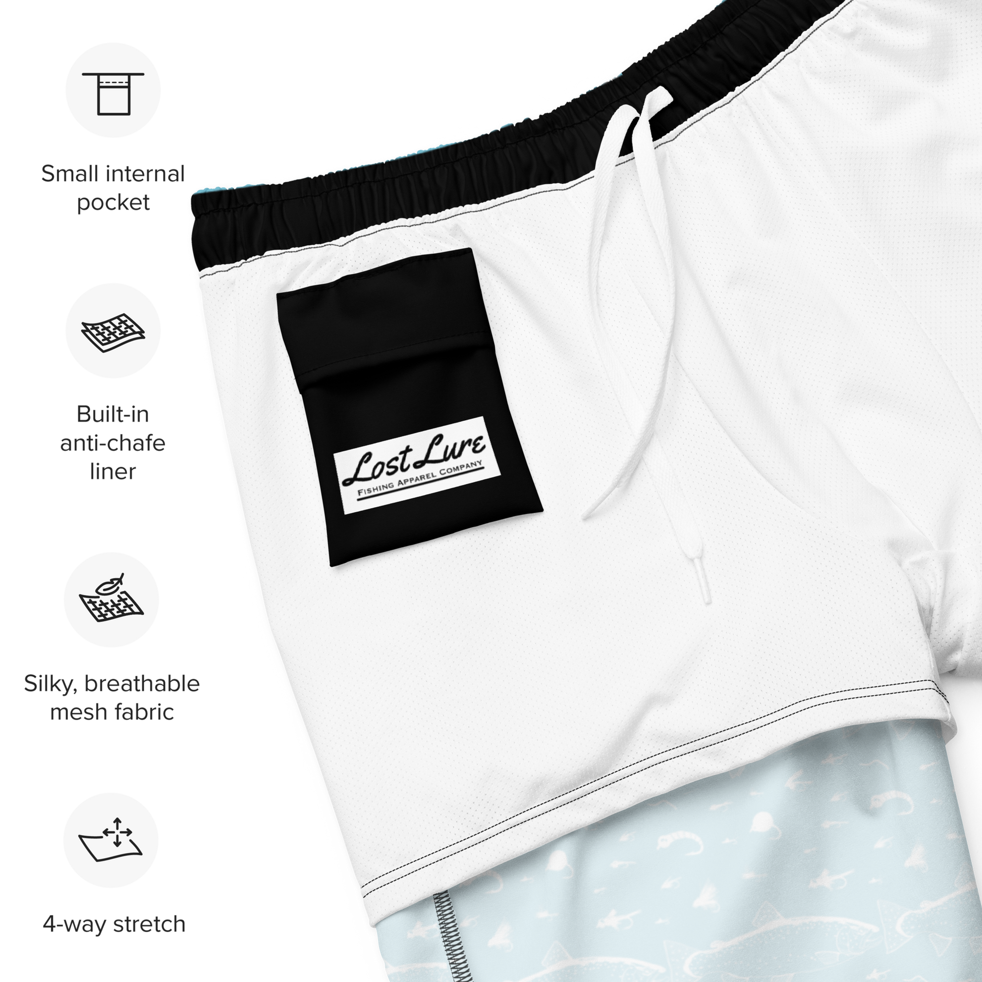 Blue fly fishing shorts / swim trunks. They have a pattern with trout and flies. Inside view