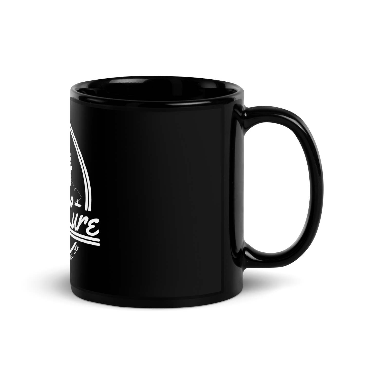 Black fishing coffee mug with white Lost Lure logo on the side.Left Side view
