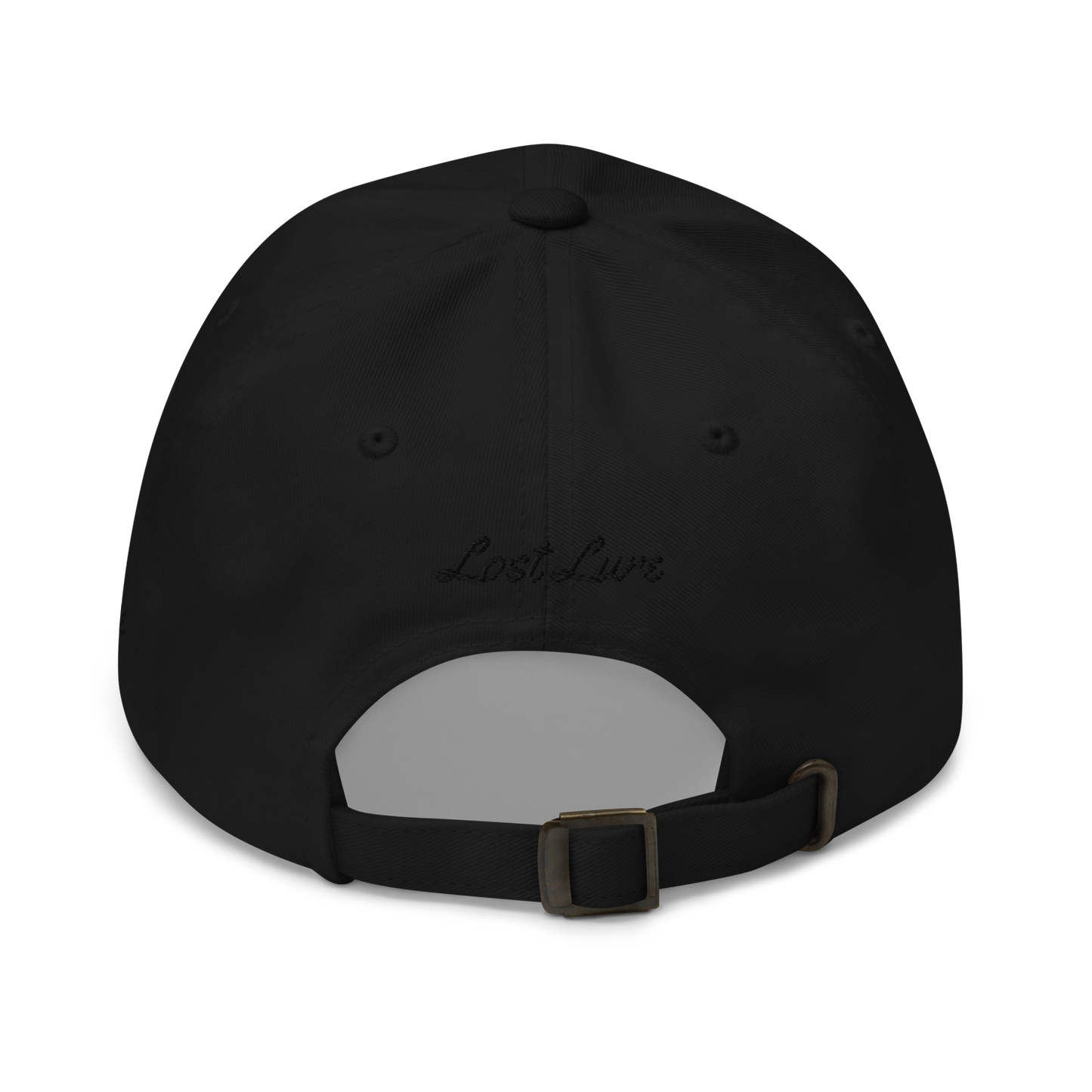 Black colored Mahi Mahi fishing hat. Simple embroidered fishing hat/ dad hat with a mahi mahi on the front and lost lure on the back and left side. Back side
