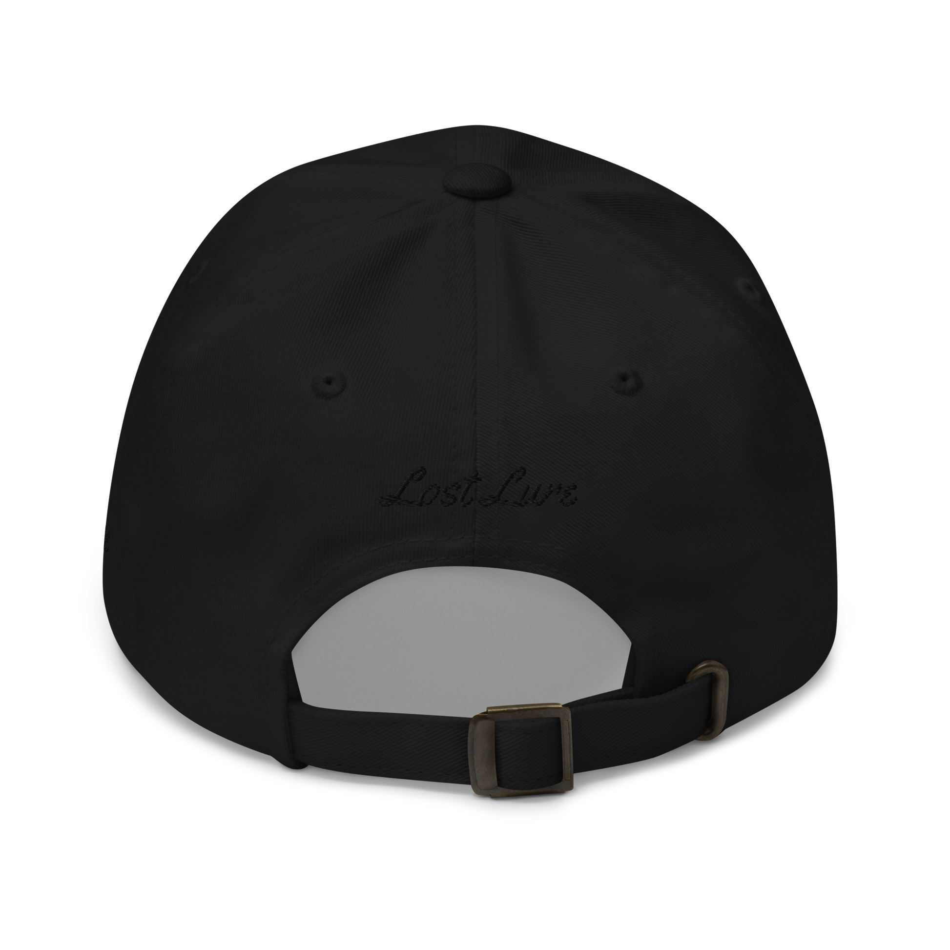 Black colored Mahi Mahi fishing hat. Simple embroidered fishing hat/ dad hat with a mahi mahi on the front and lost lure on the back and left side. Back side