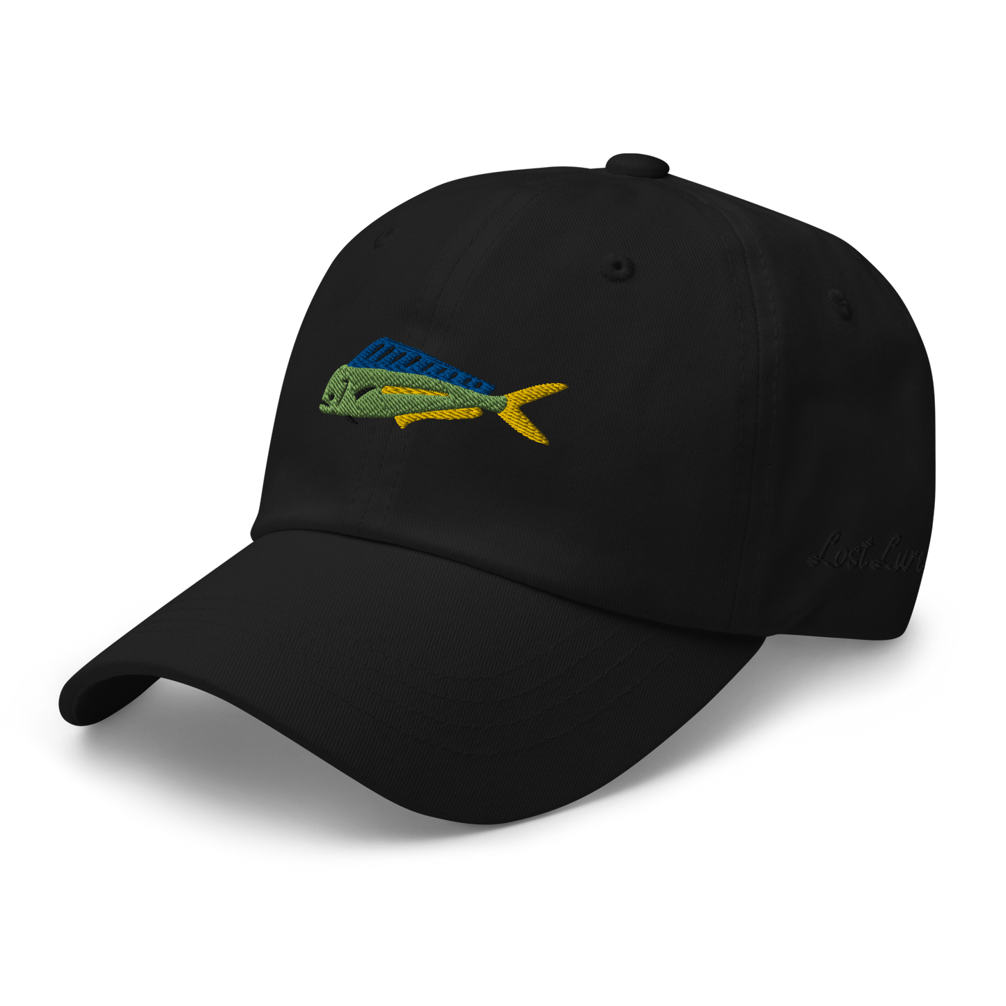 Black colored Mahi Mahi fishing hat. Simple embroidered fishing hat/ dad hat with a mahi mahi on the front and lost lure on the back and left side. Left front side