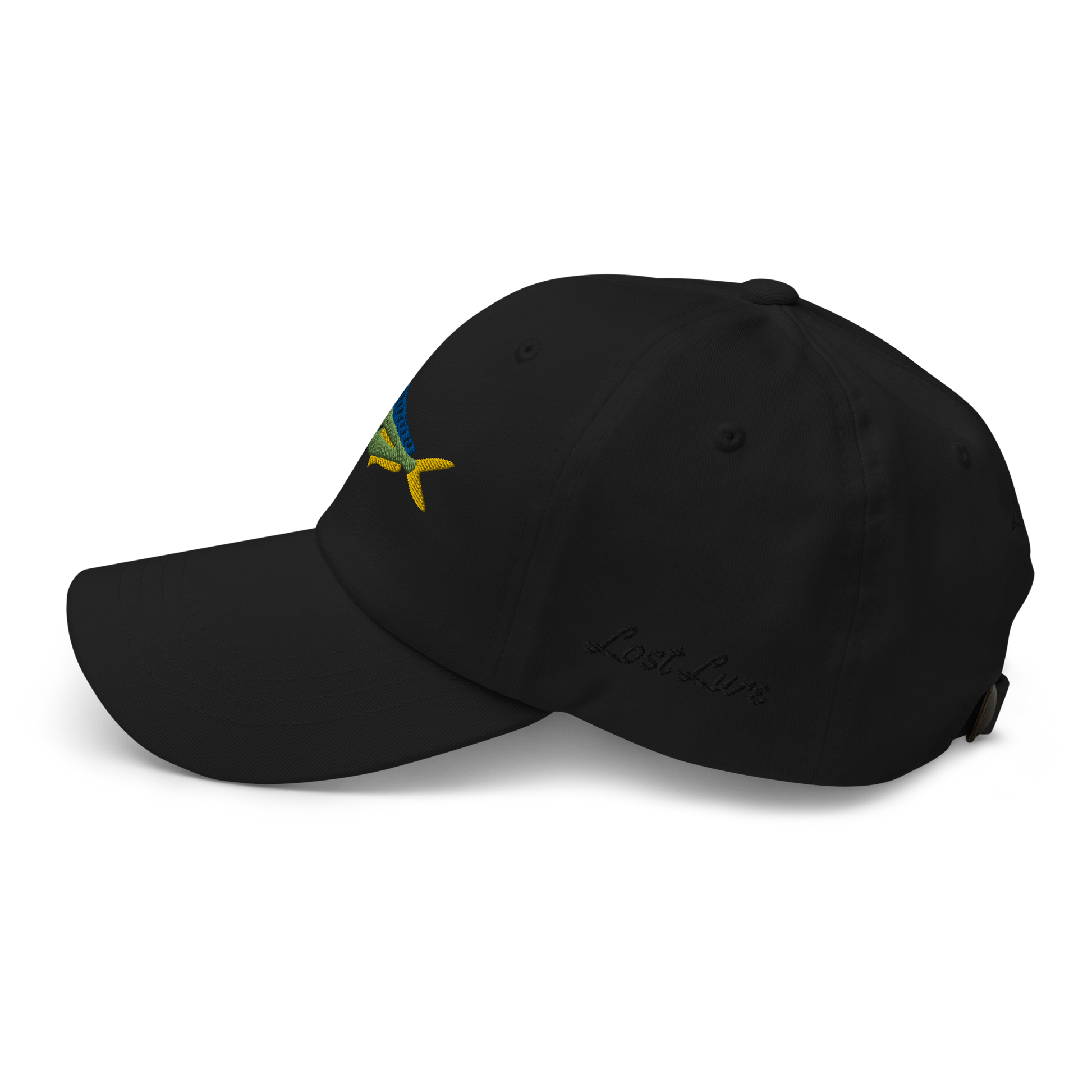 Black colored Mahi Mahi fishing hat. Simple embroidered fishing hat/ dad hat with a mahi mahi on the front and lost lure on the back and left side. Left side