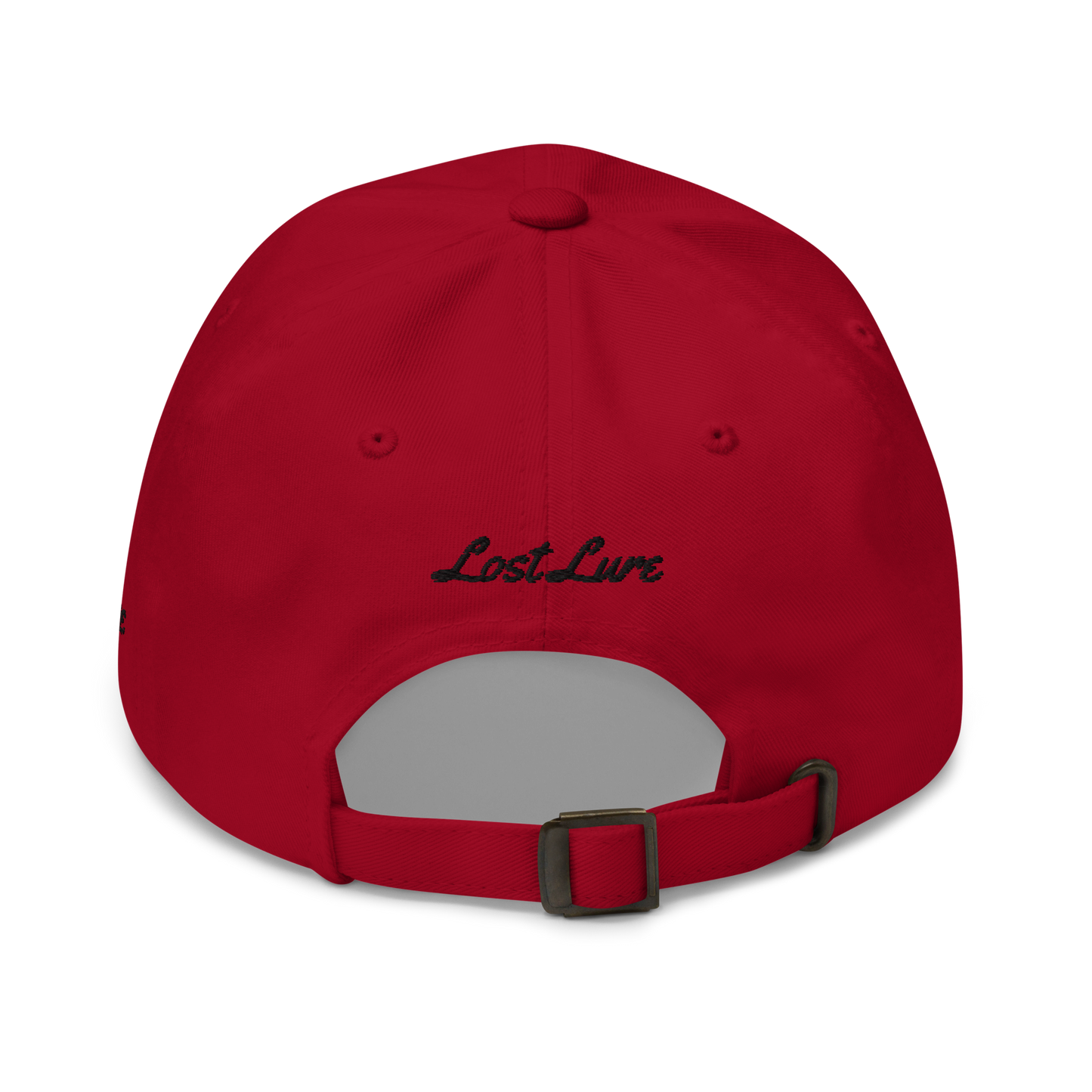 Red colored Mahi Mahi fishing hat. Simple embroidered fishing hat/ dad hat with a mahi mahi on the front and lost lure on the back and left side. Back side