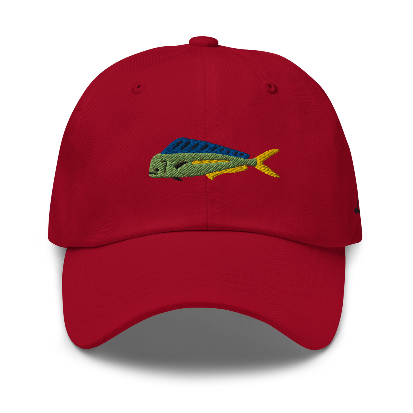 Red colored Mahi Mahi fishing hat. Simple embroidered fishing hat/ dad hat with a mahi mahi on the front and lost lure on the back and left side. Front side view