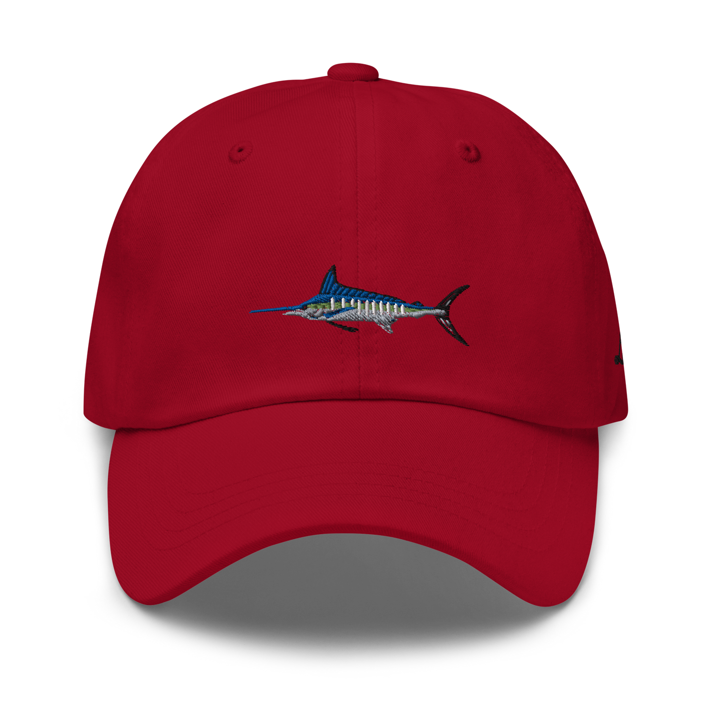 Red colored Marlin fishing fishing hat. Simple fishing hat/ dad hat with embroidered striped Marlin on the front and lost lure embroidered on the left side and back. Front side
