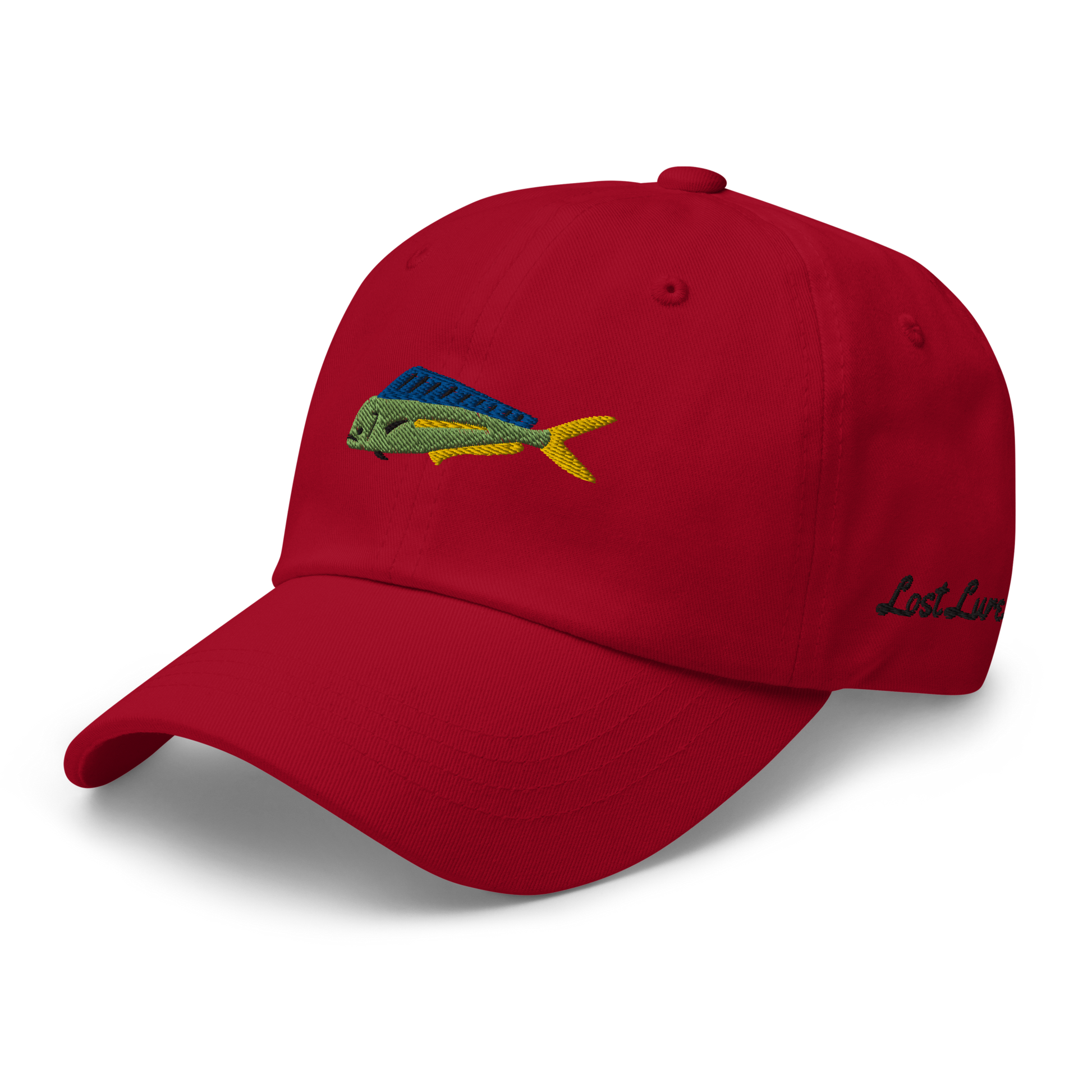 Red colored Mahi Mahi fishing hat. Simple embroidered fishing hat/ dad hat with a mahi mahi on the front and lost lure on the back and left side. Front left side