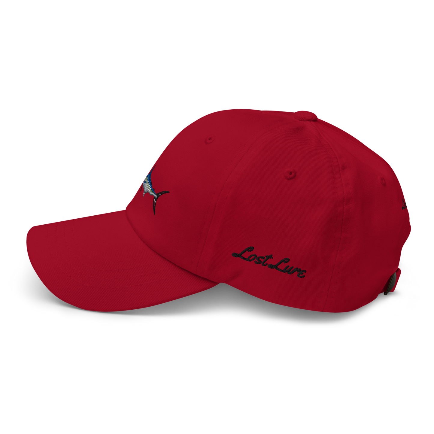 Red colored Marlin fishing fishing hat. Simple fishing hat/ dad hat with embroidered striped Marlin on the front and lost lure embroidered on the left side and back. Left side view