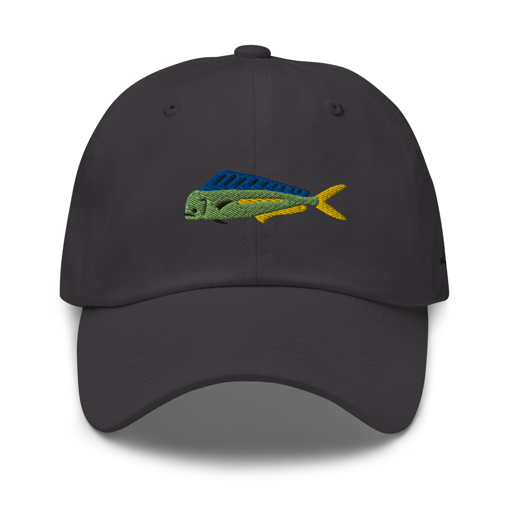 Dark Gray colored Mahi Mahi fishing hat. Simple embroidered fishing hat/ dad hat with a mahi mahi on the front and lost lure on the back and left side. Front  view