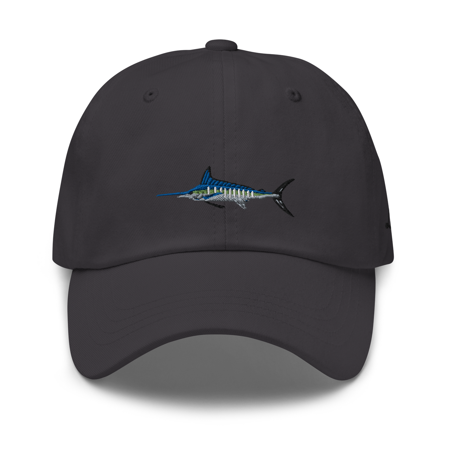 Gray colored Marlin fishing fishing hat. Simple fishing hat/ dad hat with embroidered striped Marlin on the front and lost lure embroidered on the left side and back. Front side