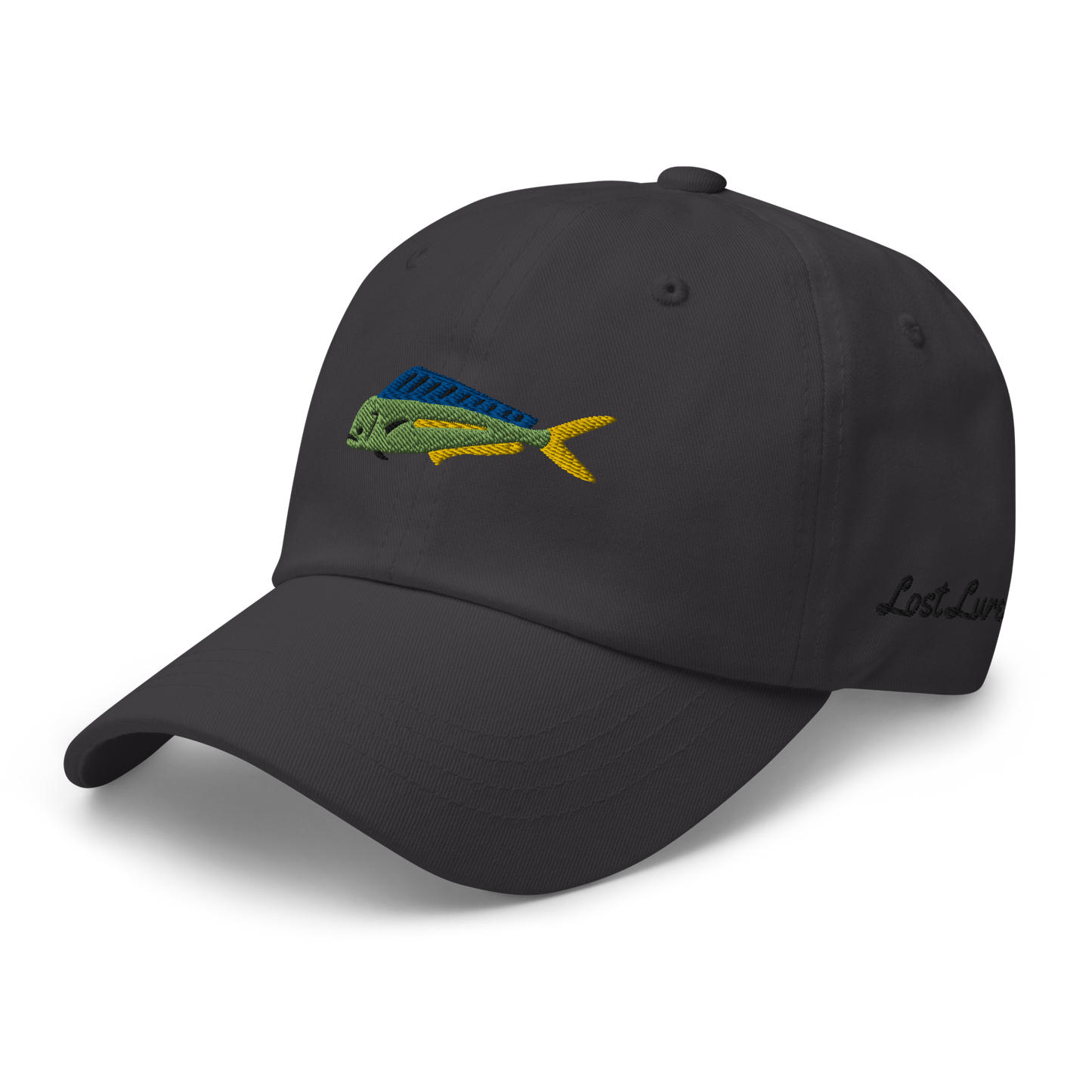 Dark Gray colored Mahi Mahi fishing hat. Simple embroidered fishing hat/ dad hat with a mahi mahi on the front and lost lure on the back and left side. Front left side view