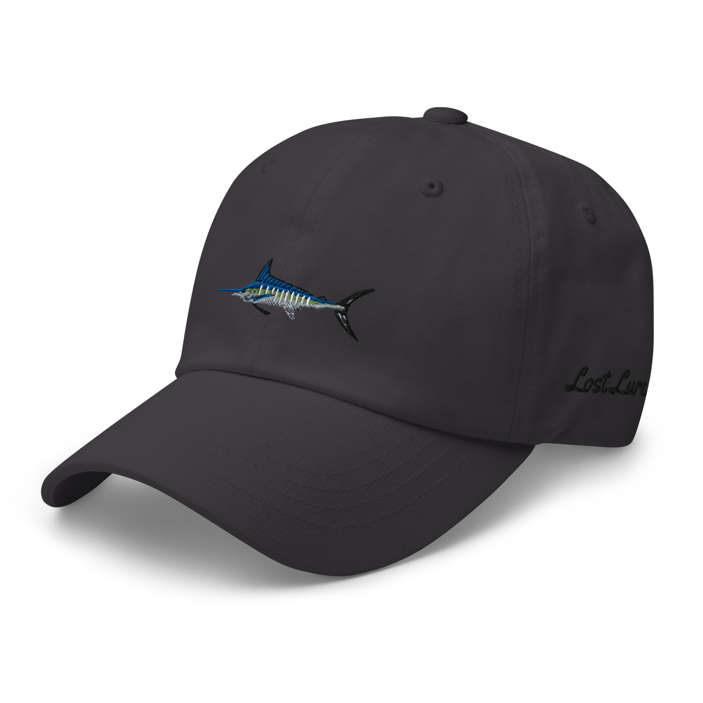Gray colored Marlin fishing fishing hat. Simple fishing hat/ dad hat with embroidered striped Marlin on the front and lost lure embroidered on the left side and back. Front left side