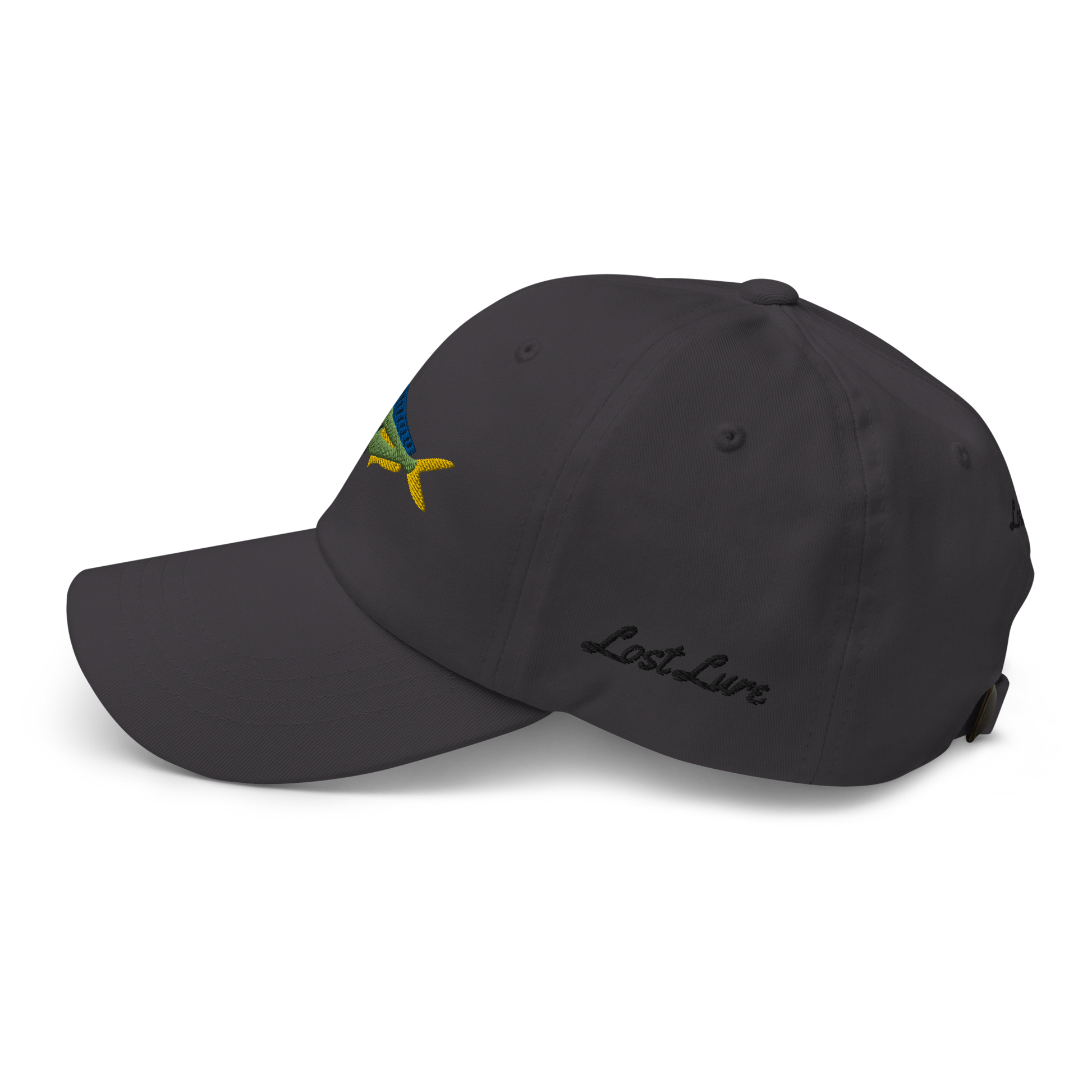 Dark Gray colored Mahi Mahi fishing hat. Simple embroidered fishing hat/ dad hat with a mahi mahi on the front and lost lure on the back and left side. Left side view