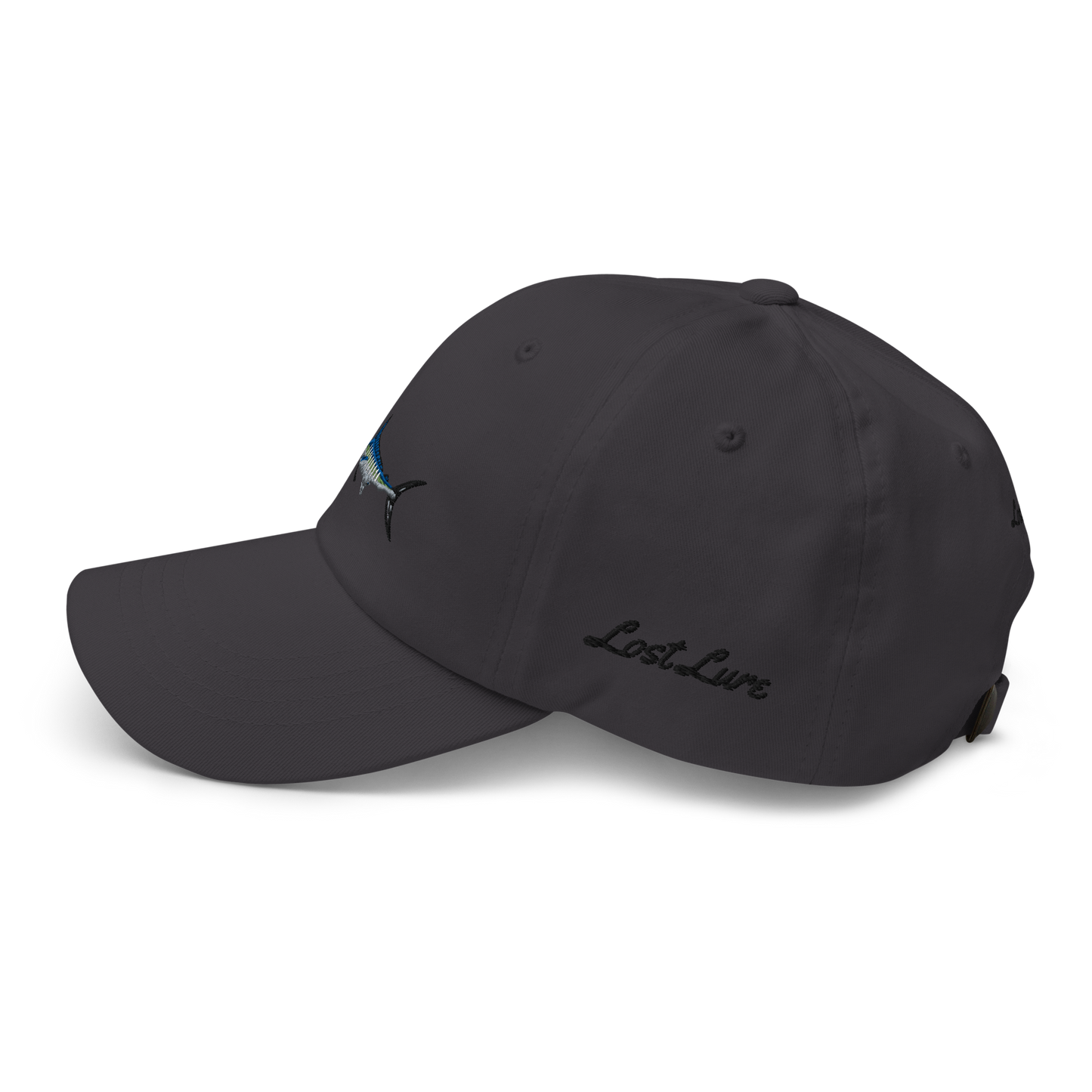 Gray colored Marlin fishing fishing hat. Simple fishing hat/ dad hat with embroidered striped Marlin on the front and lost lure embroidered on the left side and back. Left side view
