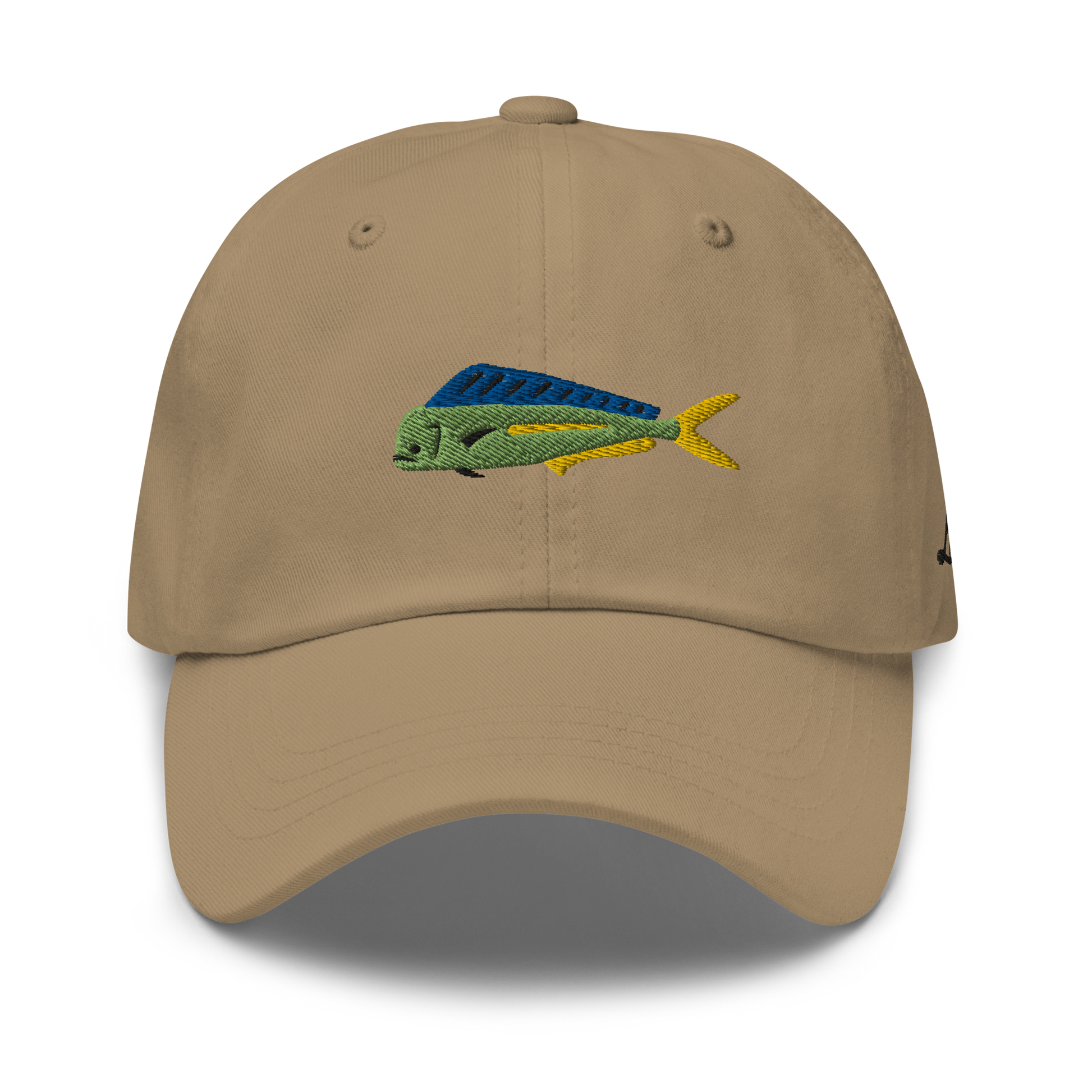 Light brown colored Mahi Mahi fishing hat. Simple embroidered fishing hat/ dad hat with a mahi mahi on the front and lost lure on the back and left side. Front side