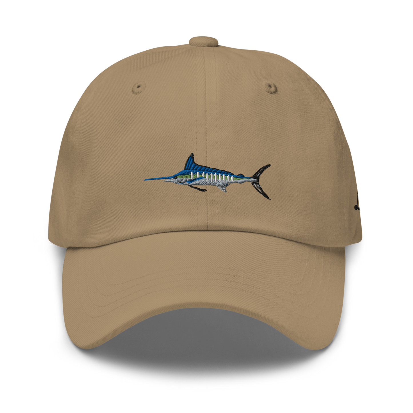 Brown colored Marlin fishing fishing hat. Simple fishing hat/ dad hat with embroidered striped Marlin on the front and lost lure embroidered on the left side and back. Front side